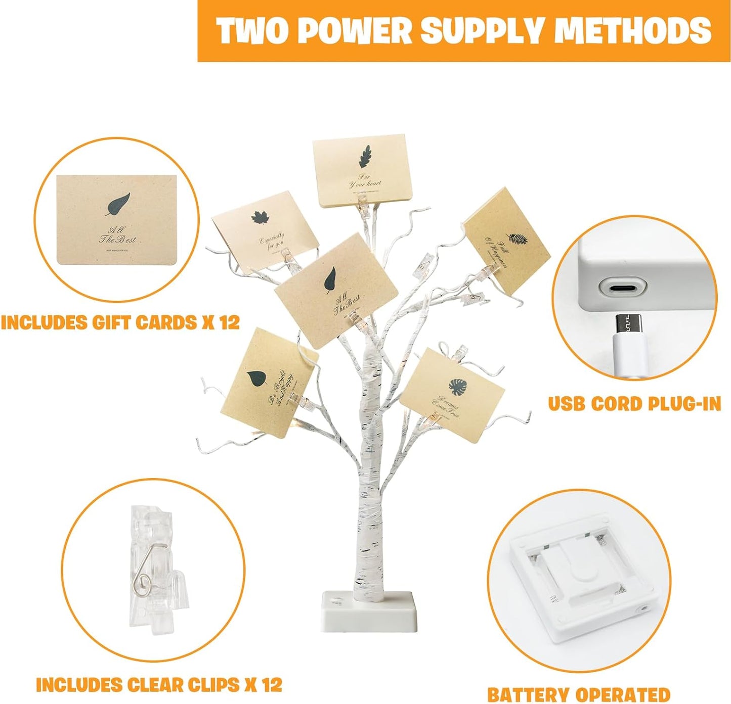 EAMBRITE Money Tree Gift Holder, Gift Card Tree 2FT 24LED, Lighted Birch Trees Battery/USB Powered Timer Photo Display with 12 Clear Clips and 12 Cards for Home Christmas Halloween Picture Memo 2 Pack