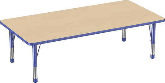 FDP Rectangle Activity School and Classroom Kids Table (36 x 72 inch), Toddler Legs, Adjustable Height 15-24 inches - Maple Top and Blue Edge