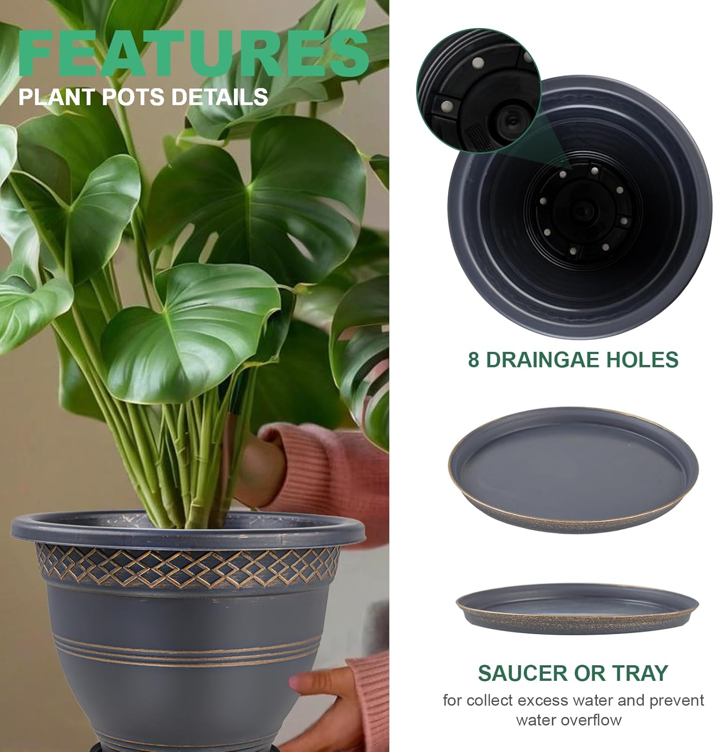 10 Inch 4 Pack Large Plant Pots, Plastic Flower Pot for Indoor & Outdoor with Drainage Holes & Saucer, Plaid Pattern Planters Garden Pots for Herbs