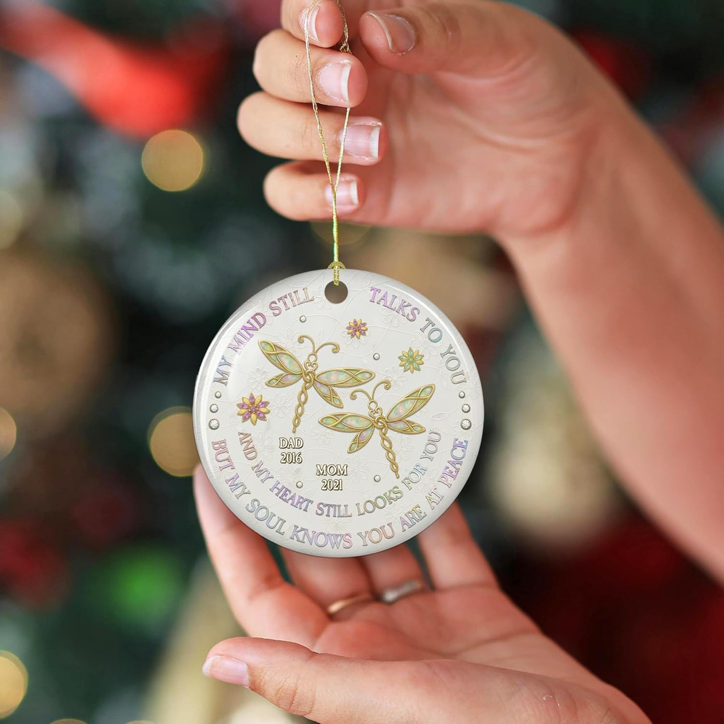 Memorial Ceramic Ornament Personalized Butterfly My Mind Still Talks to You - Custom Name Christmas Remembrance Ornament for Loss of Loved Ones Memory of Mom Dad in Heaven Sympathy Gift