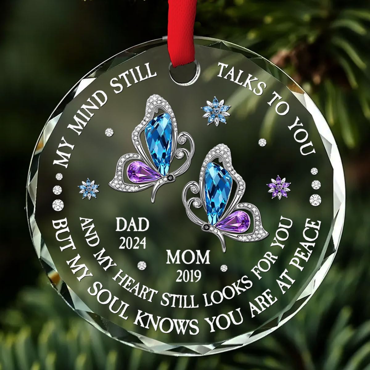 Personalized Memorial Christmas Ornament - My Mind Still Talks to You Butterfly, Custom Name Remembrance Glass Ornament for Loss of Loved Ones in Heaven, Sympathy Gifts for Deceased