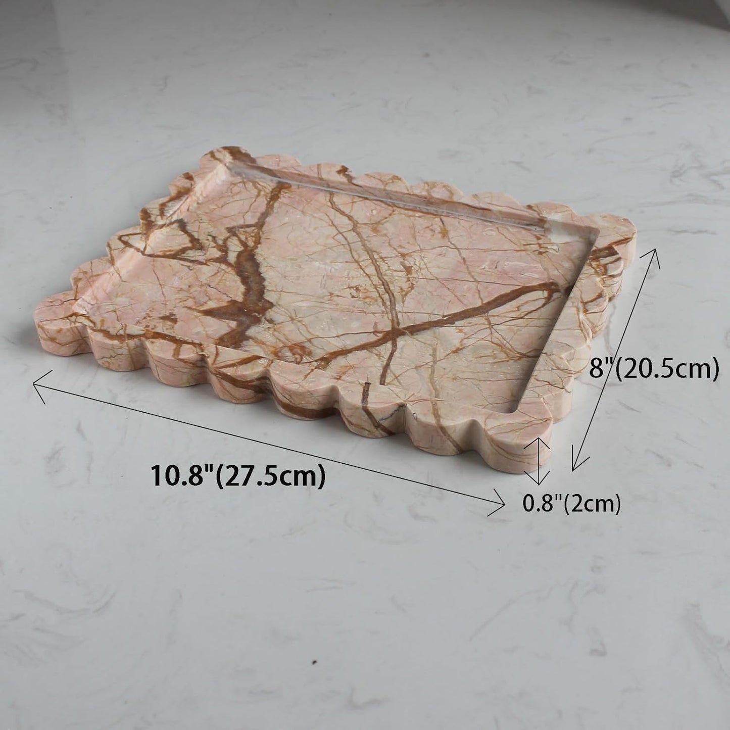 Natural Luxury Scalloped Marble Tray 10.8"x8", Rectangle Vanity Tray for Bathroom Kitchen Counter, Decorative Tray for Dresser Home Decor (Pink Marble)