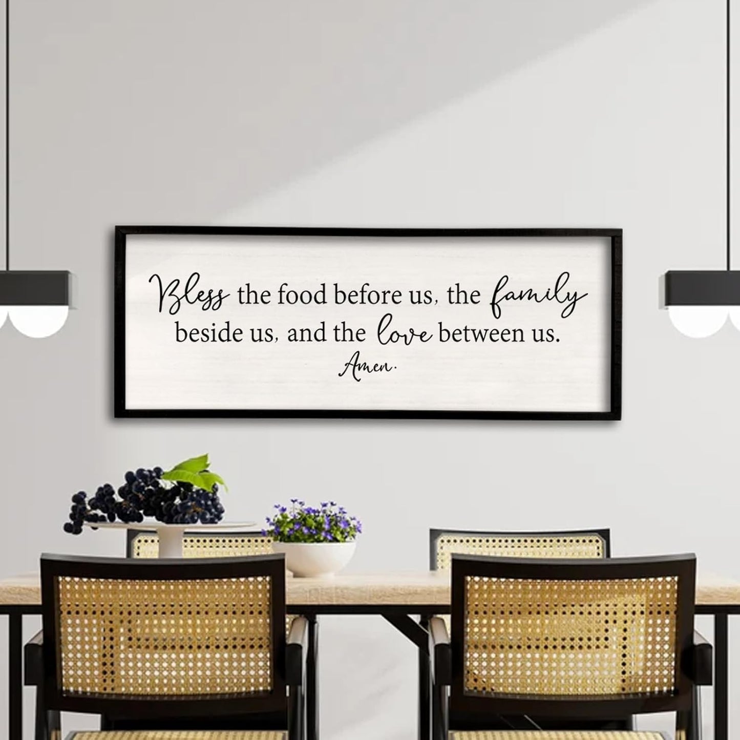 Bless the Food Before Us Sign Wall Decor 32''×12'' Large Farmhouse Dining Room Wall Decor Framed Wood Rustic Home Wall Art Kitchen Decoration (Black)