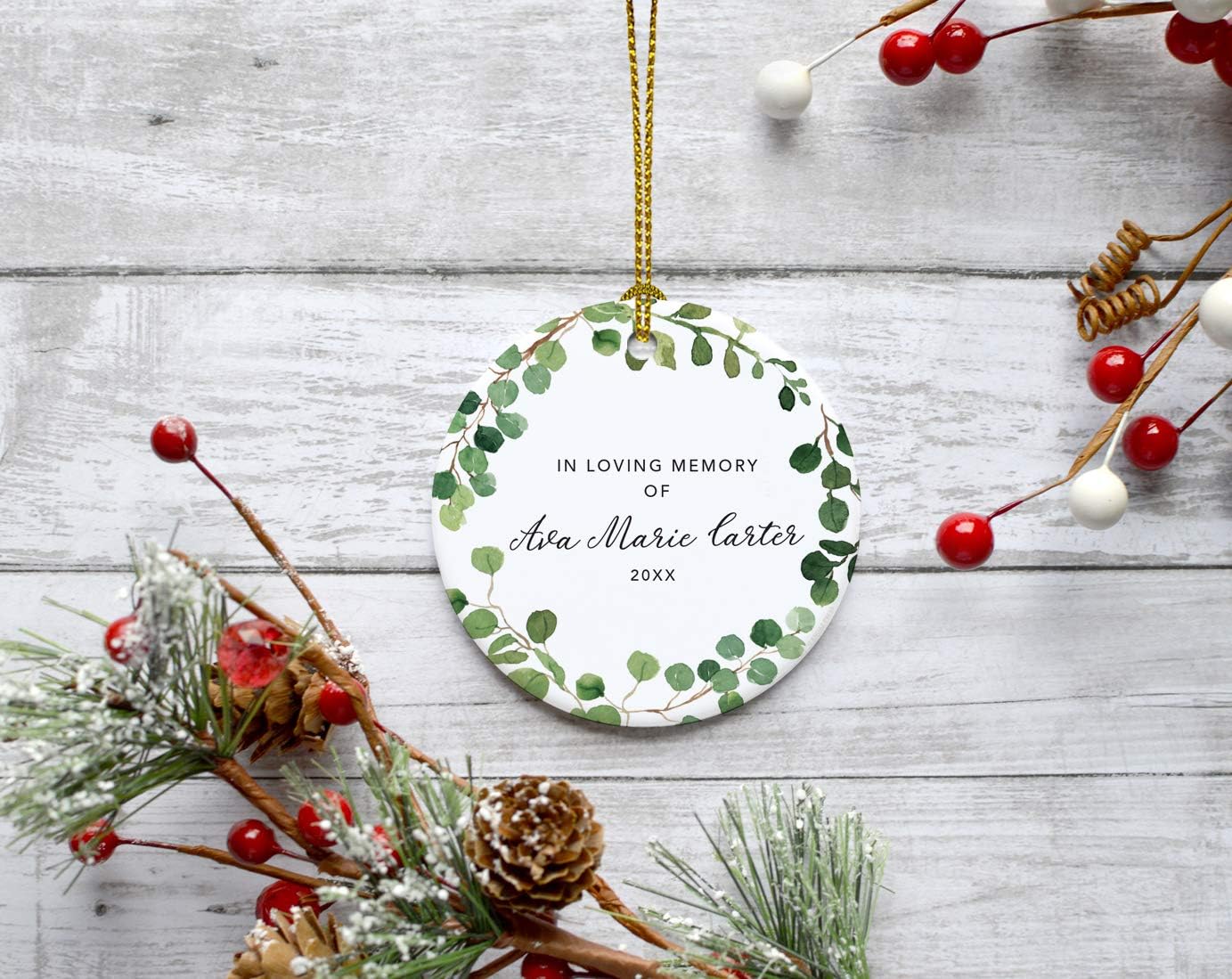 Andaz Press Personalized Round Ceramic Porcelain Christmas Tree Keepsake Gift, in Loving Memory of Ava Marie Carter, Farmhouse Eucalyptus Wreath, 1-Pack, Custom Memorial Bereavement Gift Ideas