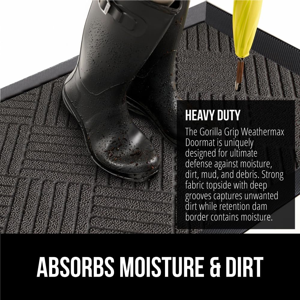 GORILLA GRIP 100% Waterproof All-Season WeatherMax Doormat, 47x35, US Designed Natural Rubber, Stain and Fade Resistant, Low Profile Indoor Outdoor Door Mats, Easy Clean Patio Mat, Gray Diamond