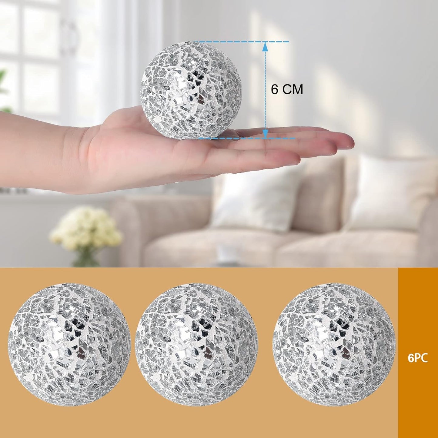 6Pcs Decorative Ball Set, 6cm/2.4inch Mosaic Glass Orbs Centerpiece Balls for Decorate Tables Wedding Party (Silver)