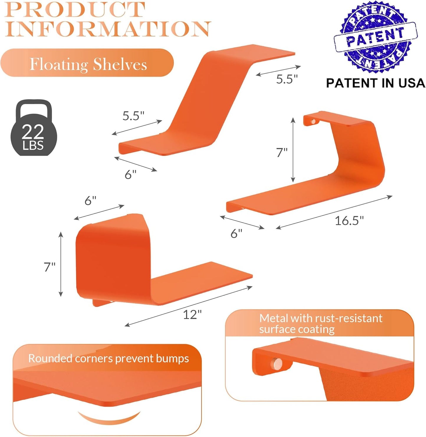 Floating Shelves, Wall Shelf, Set of 3 Wall Mounted Metal Shelves with Unique Design for Wall Storage, Book Shelf, Display Shelves for Bathroom Bedroom Kitchen Living Room for Home Orange