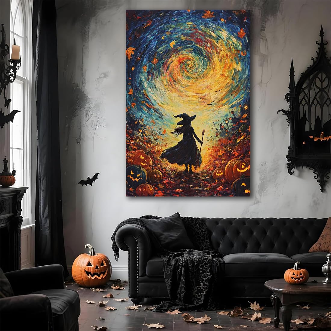 Halloween Autumn Witchy Decor Wall Art Prints,Gothic Witch in Whirlwind Autumn with Pumpkins Scene Pictures Poster,Fall Festival Home Decor Painting Canvas Poster for Bedroom Bathroom,16"x24" Unframed