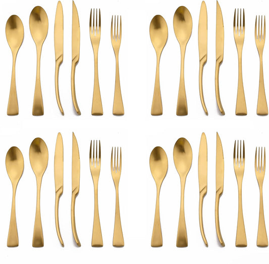 Golden Silverware Set, 24 Pieces Stainless Steel Eating Utensil Set with Gift Box, Include Knife, Forks and Spoons, Matte Polished Flatware Set for 4, Dishwasher Safe, Gold