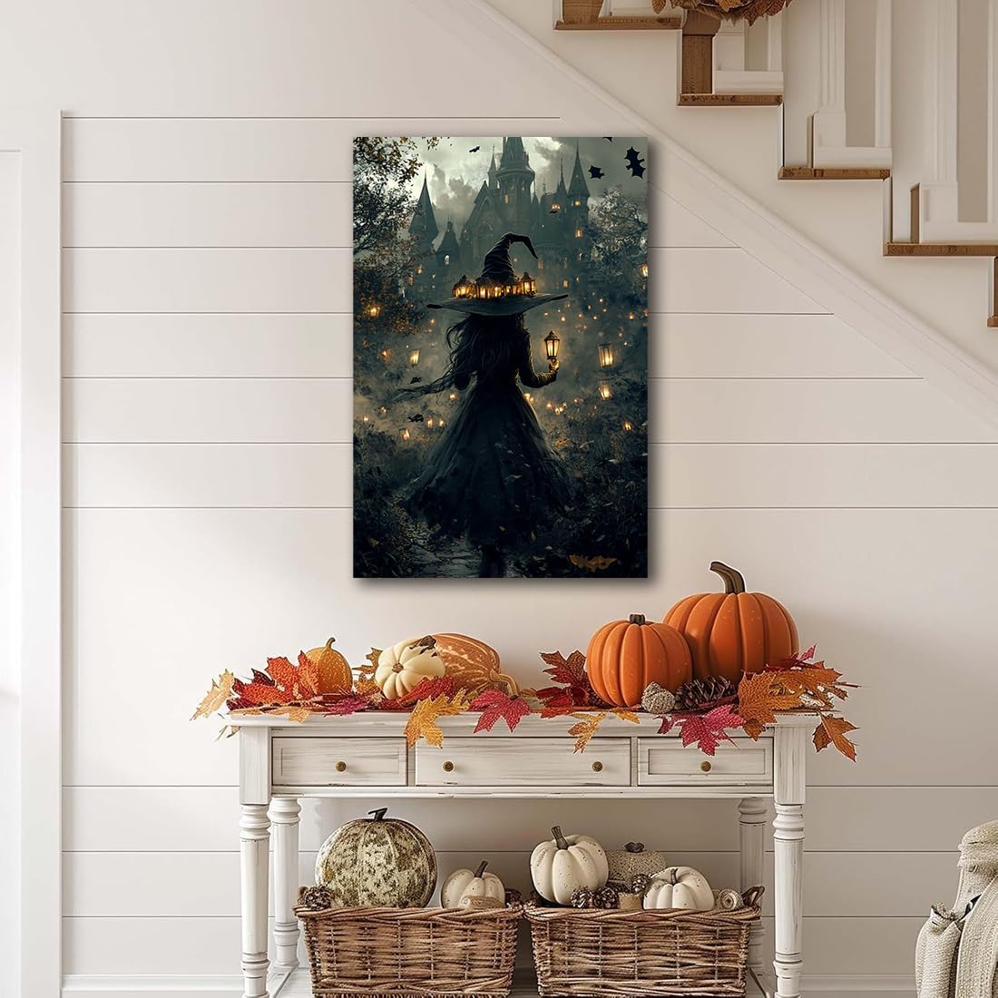 Halloween Witch and Haunted House Canvas Wall Art,Dark Academia Scary Witch Castle Posters Prints,Thriller Horror Gothic Wall Decor Pictures for Halloween Party House Decoration,12"x18" Framed