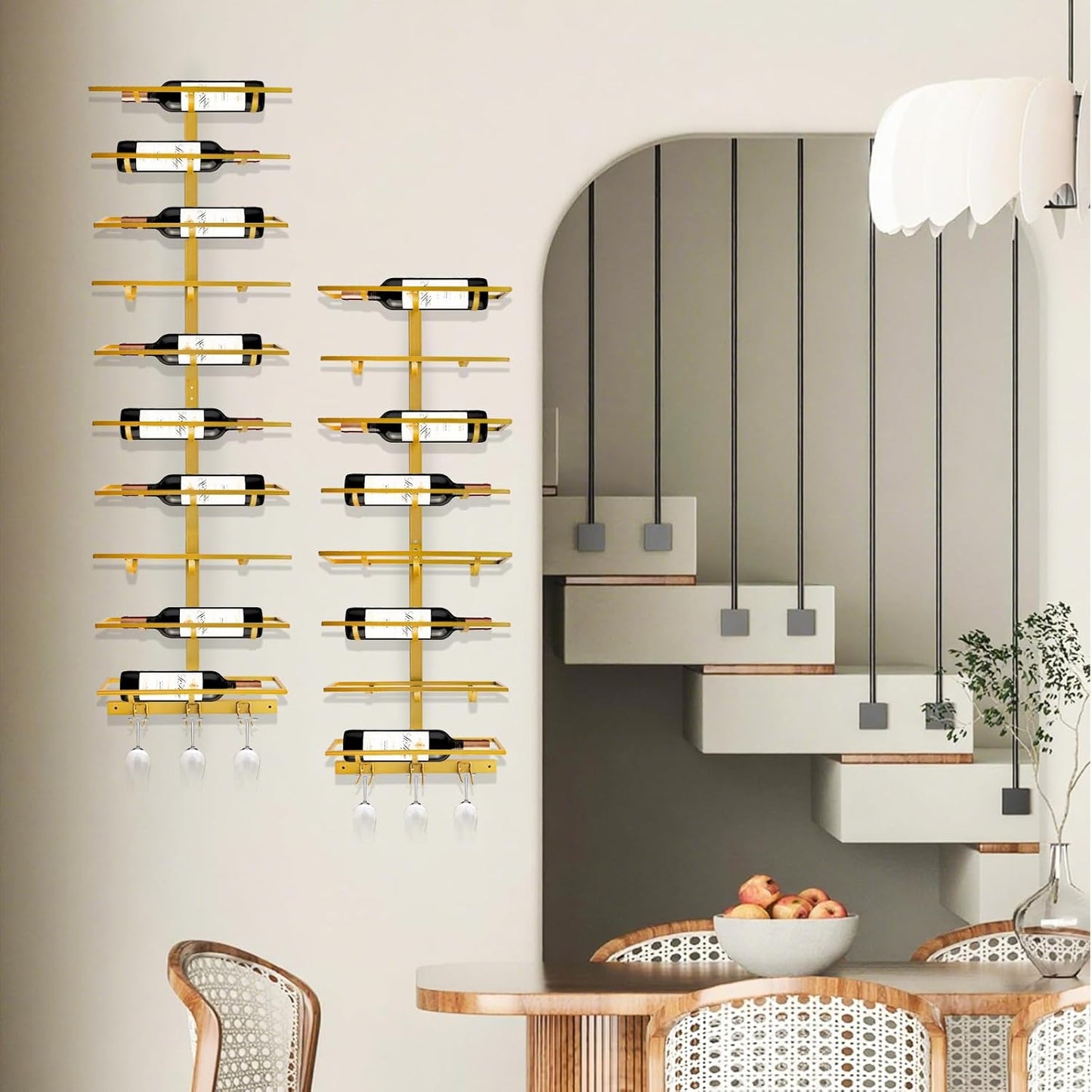 10 Bottle Wall Mount Wine Rack with Wine Glass Holder, Metal Wine Wall Rack, Wall Racks for Wine Bottles Display and Storage, Hanging Bottle Organizer for Living Dining Room Wine Cellar Bar (Gold)