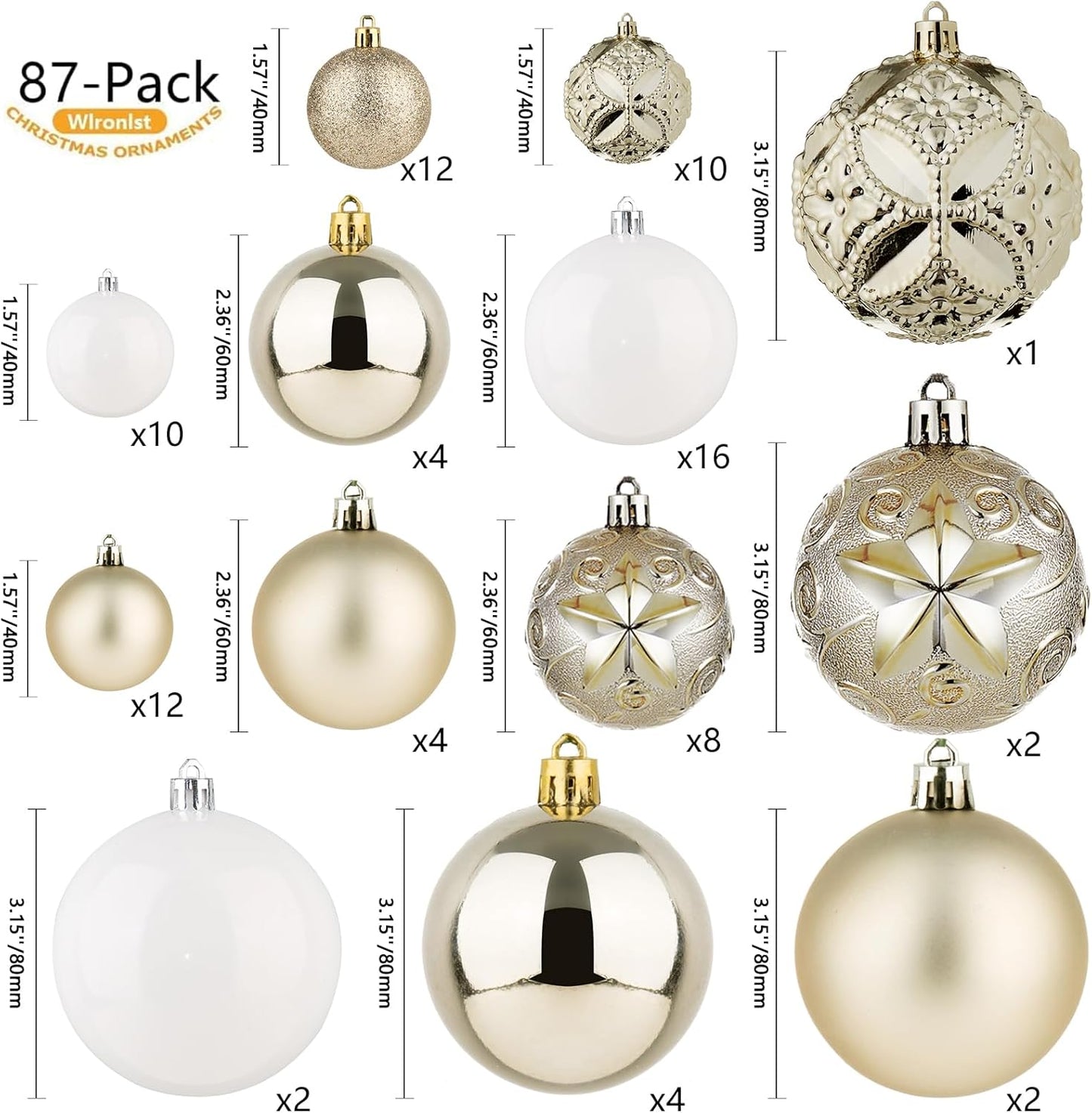 87-Pack Shatterproof Christmas Ball Ornaments Set, Christmas Tree Decorations with Hand-held Gift Package for Xmas Tree Holiday Wedding Party, Champagne