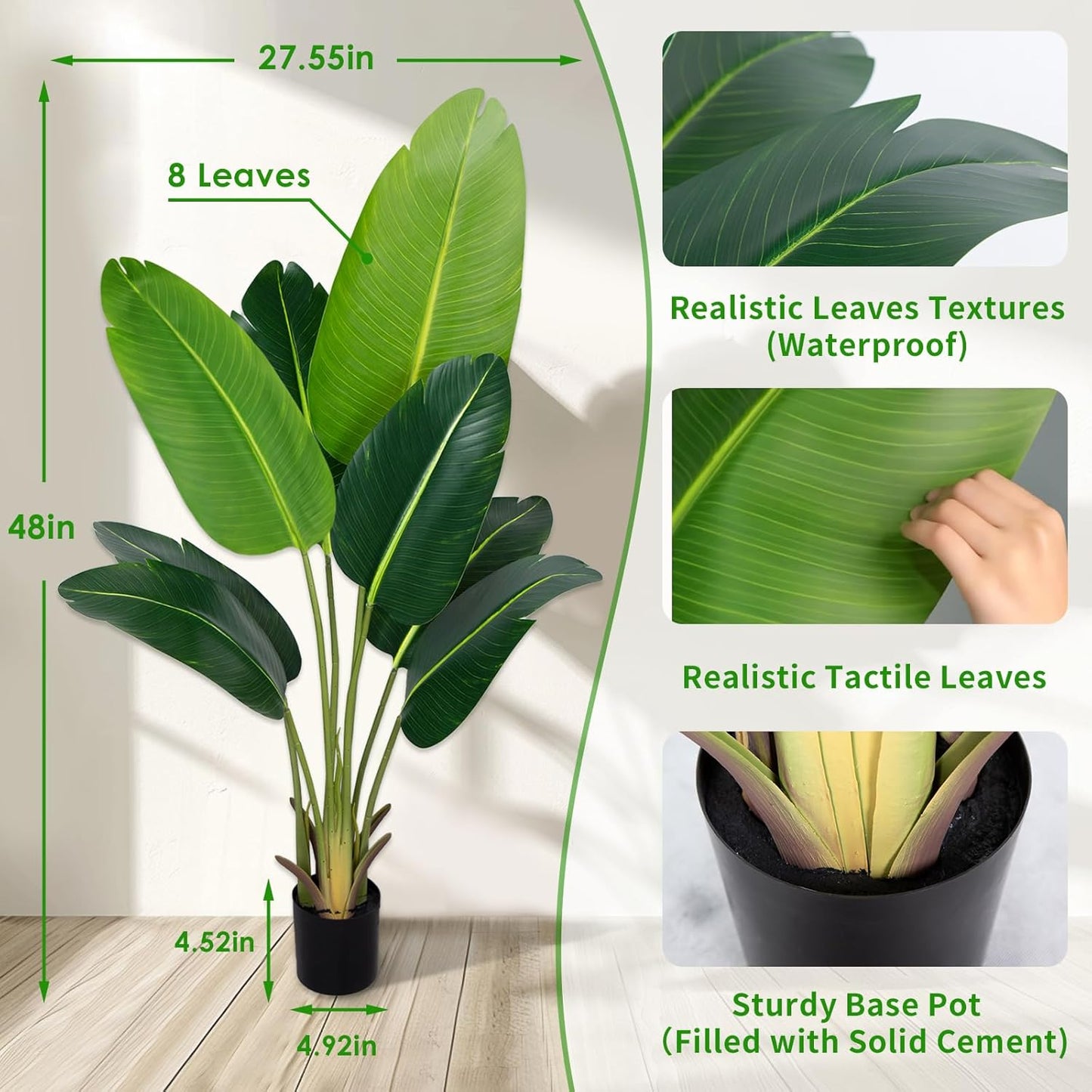 Artificial Bird of Paradise Plant 4Ft Fake Tropical Palm Tree with 8Trunks Faux Banana Leaf Trees in Pot for Home Indoor Outdoor Office Modern Decor Housewarming Gift（2Pcs）