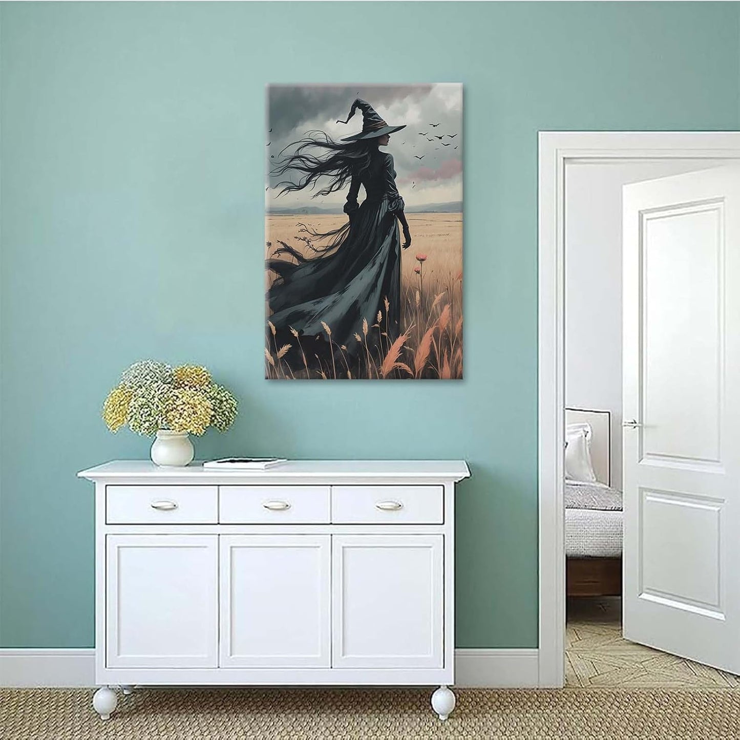 Gothic Decor Canvas Wall Art Witch in Rice Field Halloween Art Decor Print Nature Print Victorian Home Bedroom12x16in Wood Framed