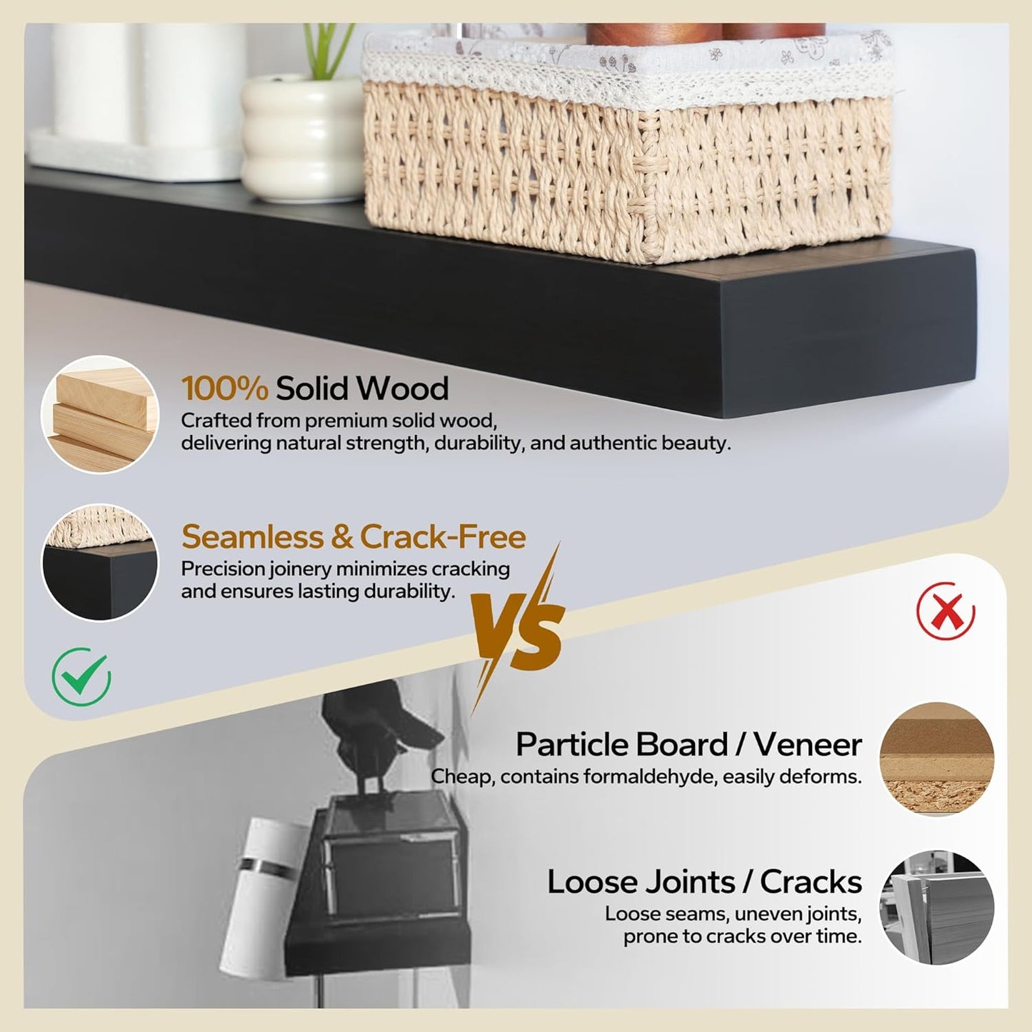 Floating Shelves 3 inch Thick for Wall Set of 2,Solid Pine Wood Wall Mount Shelf for Kitchen Living Room Bedroom Bathroom,8" D x 48" L x 3" H-Black