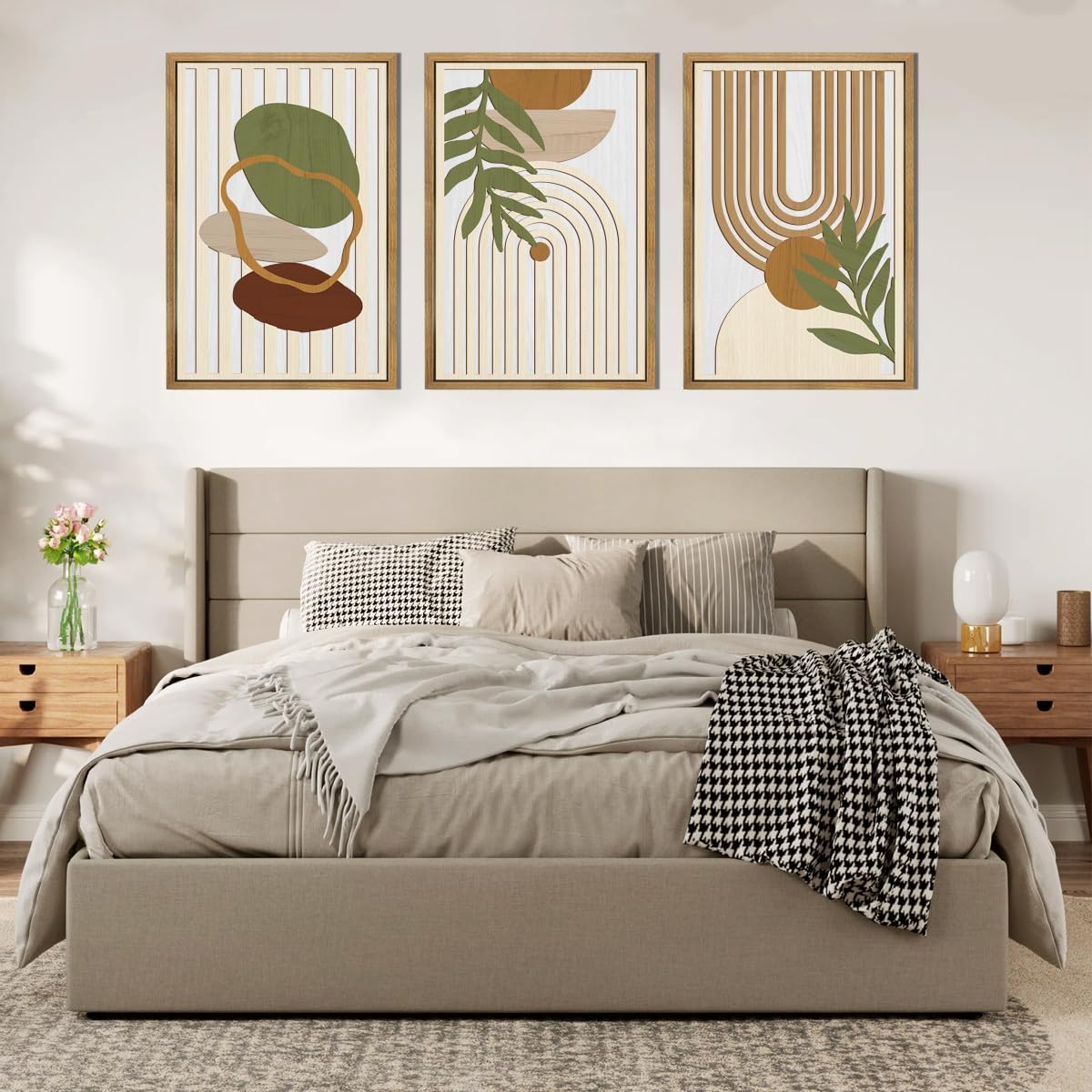 Large Sage Green Boho Wall Art Set Abstract Modern Geometric Wood Wall Decor Mid Century Neutral Artwork Bohemian Art Decor for Living Room Bedroom Office-16x24Inch x3