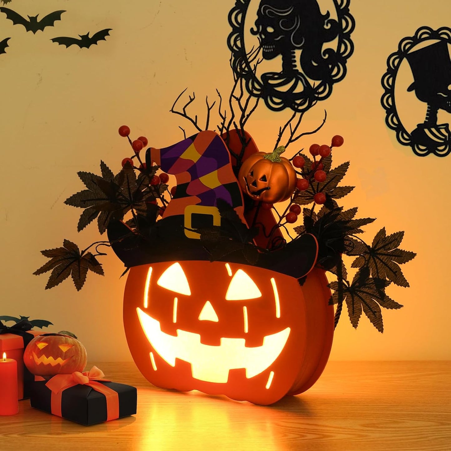 Halloween Pumpkin Decorations, Lighted Jack-O-Lantern with Maple Leaves Berries Witch's Hat, Halloween Wreaths Door Sign Wood Pumpkin for Front Door Indoor Outdoor Yard Party Cartoon Hanger Decor