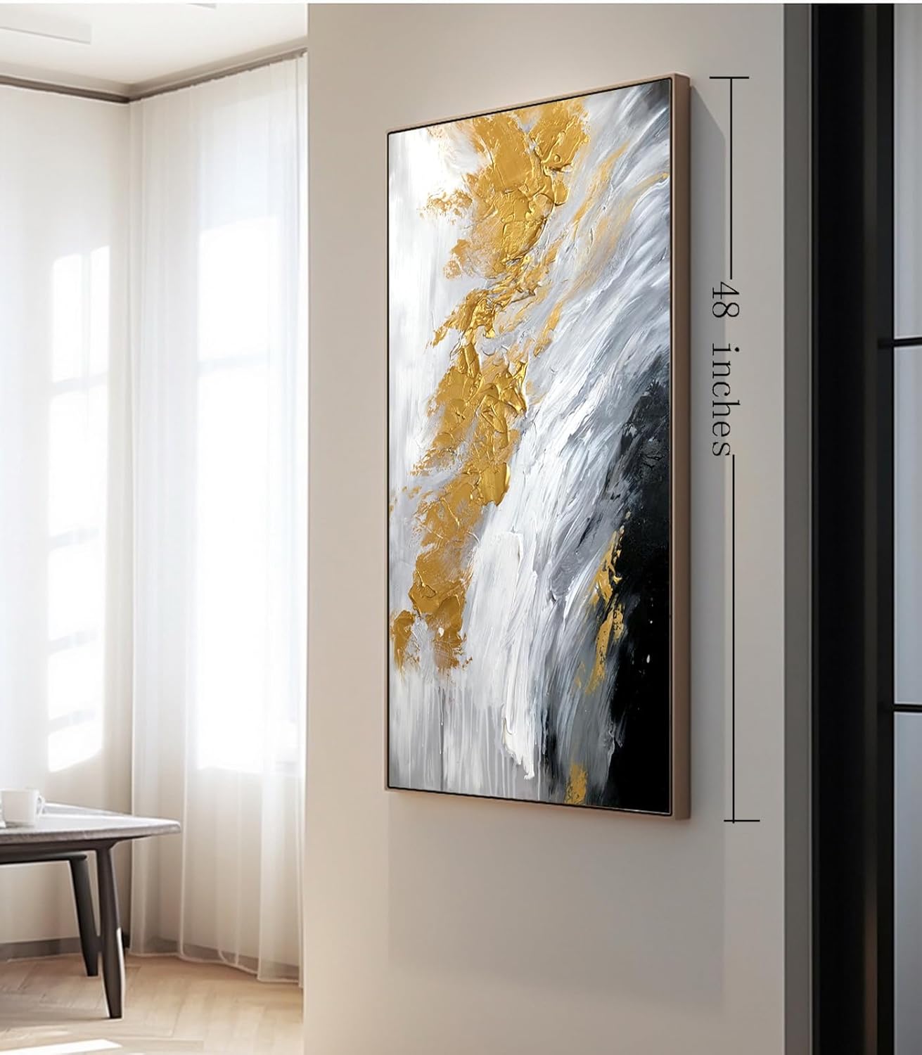 Hand-Painted Gold Abstract Oil Painting on Canvas for Entrance-Hall, Framed White and Black Wall Art for Living Room,Large Wall Picture for Bedroom Kitchen Home Decoration 24x48inch