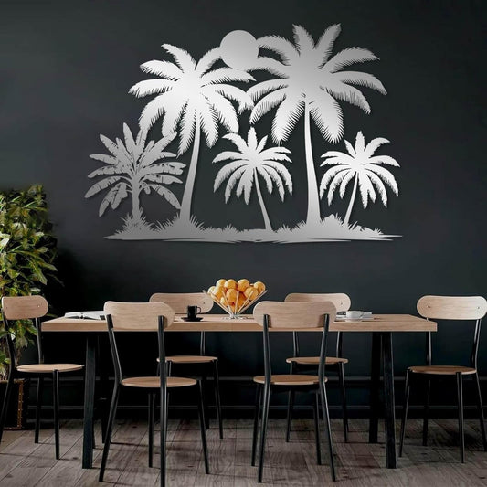 Tuglona Metal Palm Tree with Sunset Wall Decor, Tropical Palm Tree Metal Wall Art, Tropical Wall Decor, Sun Wall Art, Beach Wall Decoration, Coastal Trees Wall Hanging (Silver, 35"x25"/90x62cm)