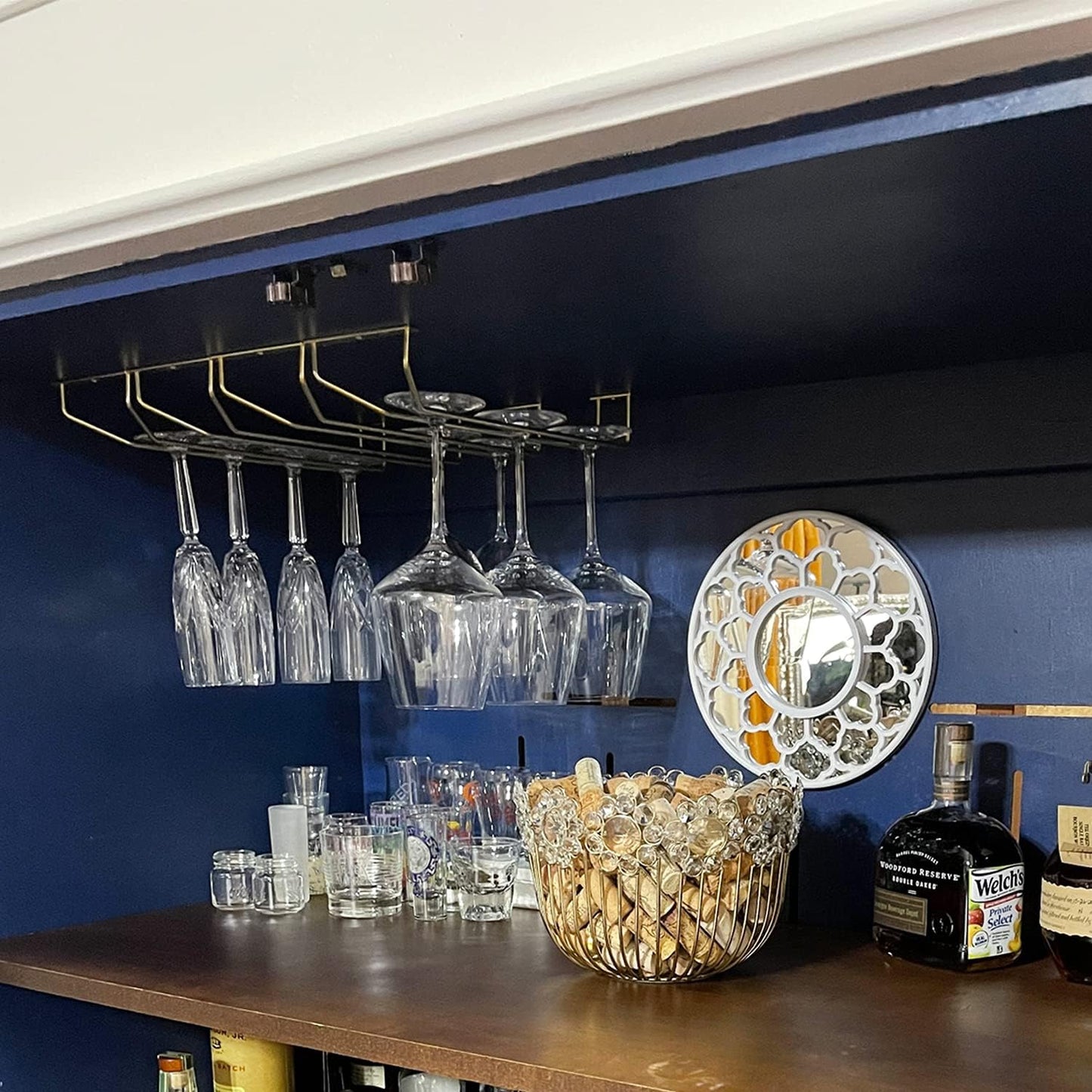 14-Inch Wine Glass Rack, Under Cabinet Wine Glass Holder Stainless Steel Chrome Finish Stemware Rack - Hanging Stemware Holder for Cabinet Kitchen Bar, Set of 4