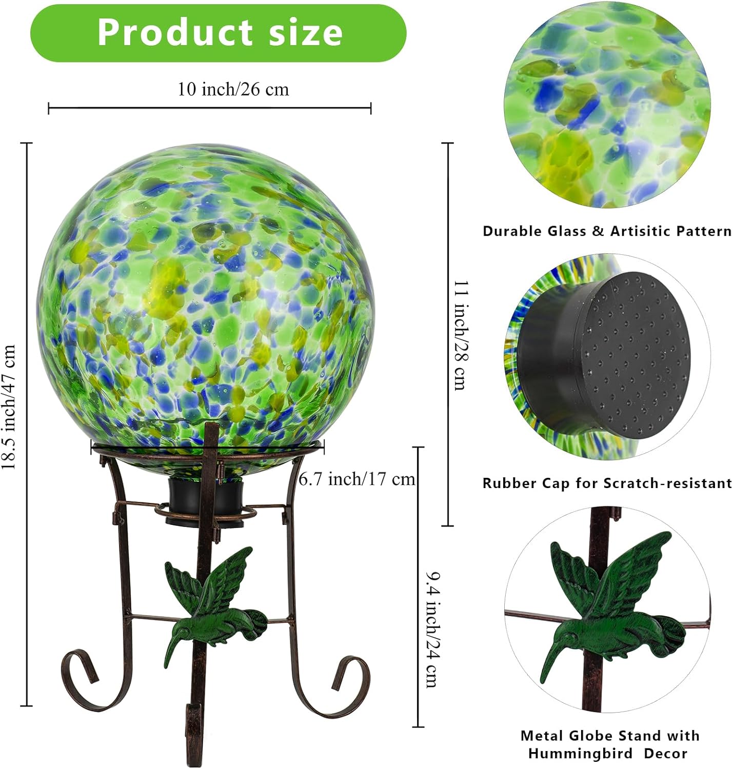10 Inch Glass Gazing Ball, with 9.4" Tall Metal Gazing Globe Stand, Glass Balls Display Holder Set for Outdoor Garden Lawn Yard Decoration, Bright Summer Burst