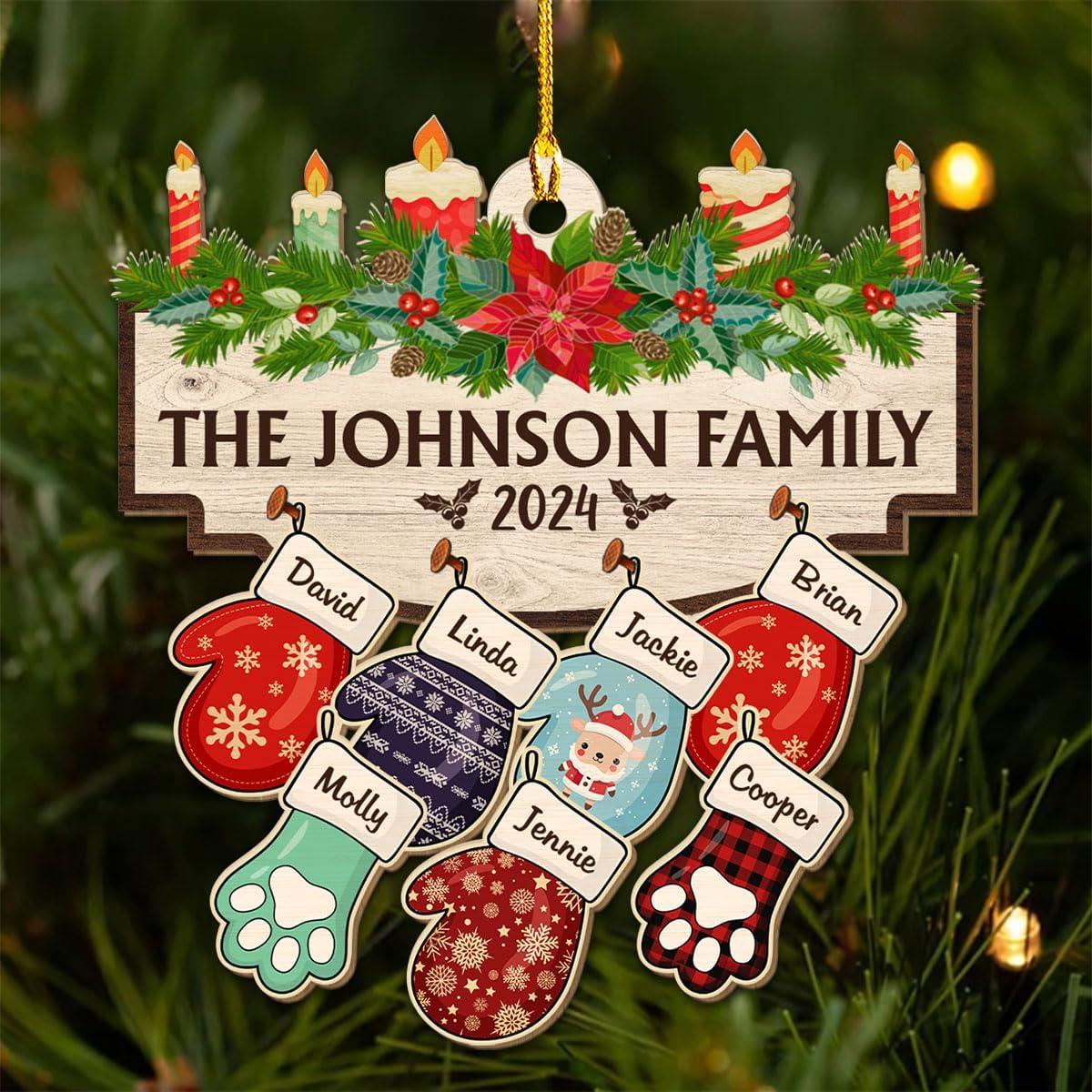 Family with Pet Ver 2 - Personalized Custom Wood Ornament, Family Gloves Christmas Ornament 2024, Xmas Ornament Gifts for Family Tree Decoration (A06, 5 Names)