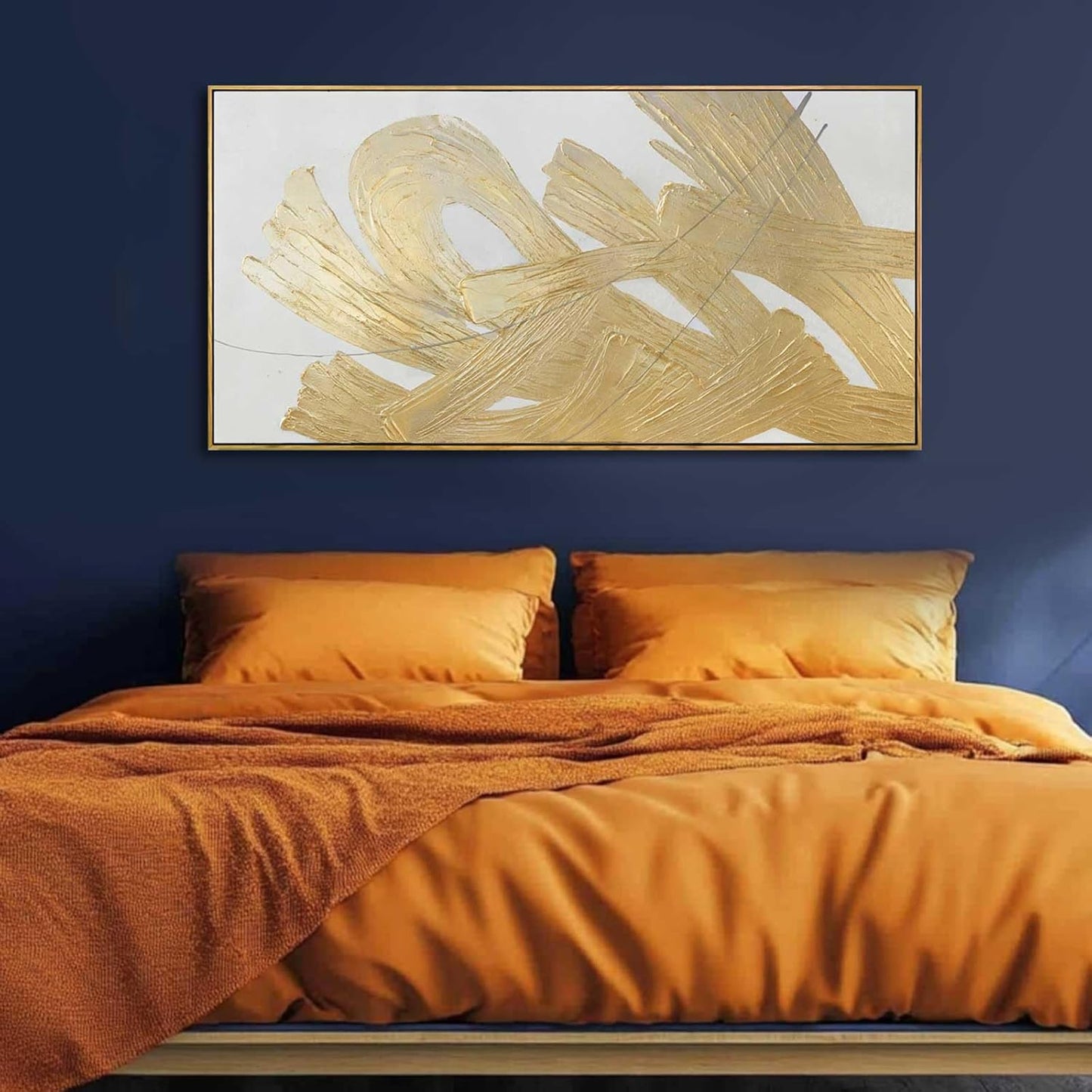 Gold Framed Canvas Art Abstract Wall Decor White Picture Decor 24"x48" Canvas Wall Art for Bedroom Oil Painting for Kitchen