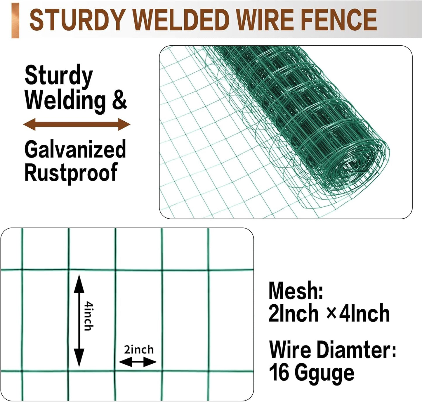 Tongmo 4 ft x 100 ft Green PVC Coated Welded Wire Fence, 16GA Garden Chicken Wire Fence Roll, Mesh Size 2" x 4" Hardware Cloth, Ideal for Yard Protection and Poultry Netting