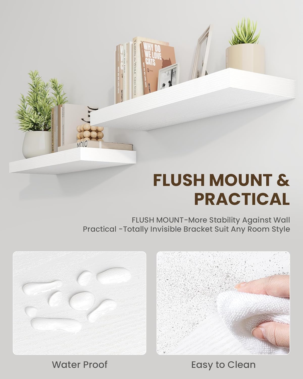 Marsmiles 6.7" Floating Shelves for Wall, Wooden Shelves with Invisible Brackets Set of 2, Rustic Farmhouse Wall Mounted Shelf for Kitchen Bathroom Living Room Study, White