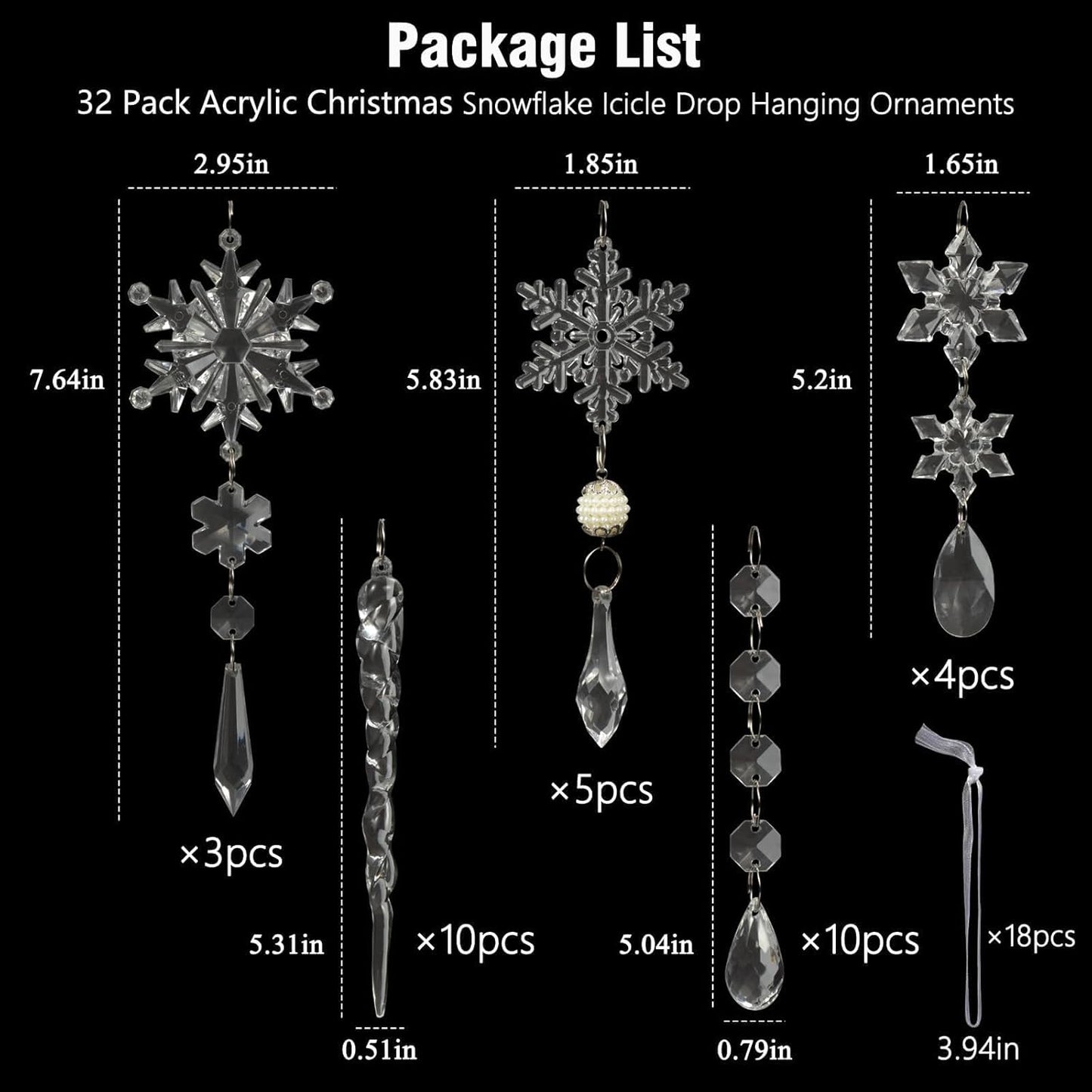 Christmas Tree Decoration Crystal Ornaments - 32pcs Acrylic Christmas Ornaments Snowflake Icicle Drop Crystal Hanging Ornaments for Xmas Tree Winter Holiday Frozen Party Decorations