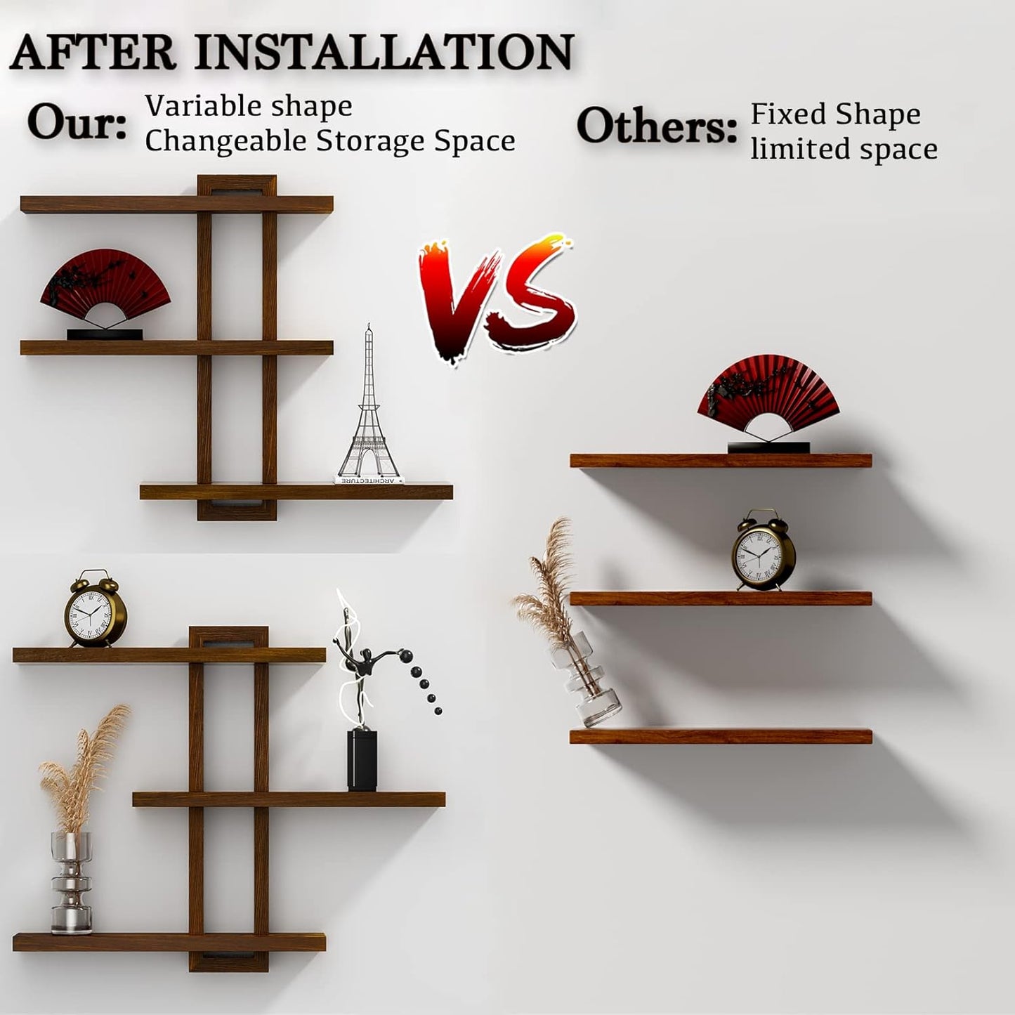 Variable Wood Floating Shelves Set of 3, Wall Cube Shelves 28.35" Max, Wall Shelves for Living Room Bathroom Bedroom - Dark Walnut Color - 28.35" x 23" x 5.9" Max