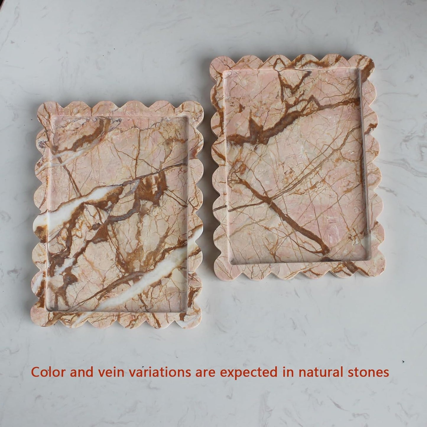 Natural Luxury Scalloped Marble Tray 10.8"x8", Rectangle Vanity Tray for Bathroom Kitchen Counter, Decorative Tray for Dresser Home Decor (Pink Marble)