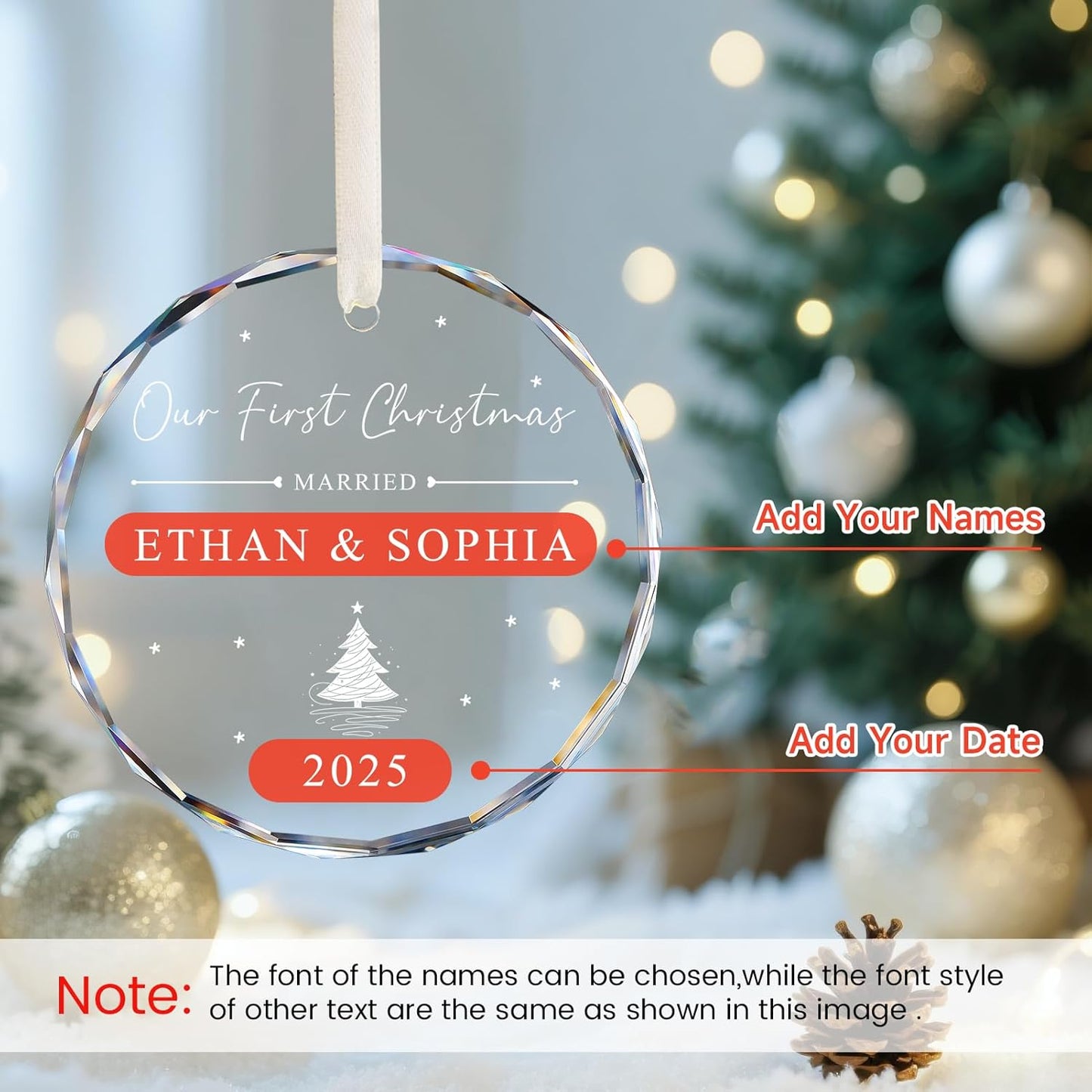 Personalized First Christmas Married Ornament 2025, 1st Year Wedding Ornament for Newlywed, Custom Christmas Ornament Hanging Decoration for Couples Just Married with Gift Box