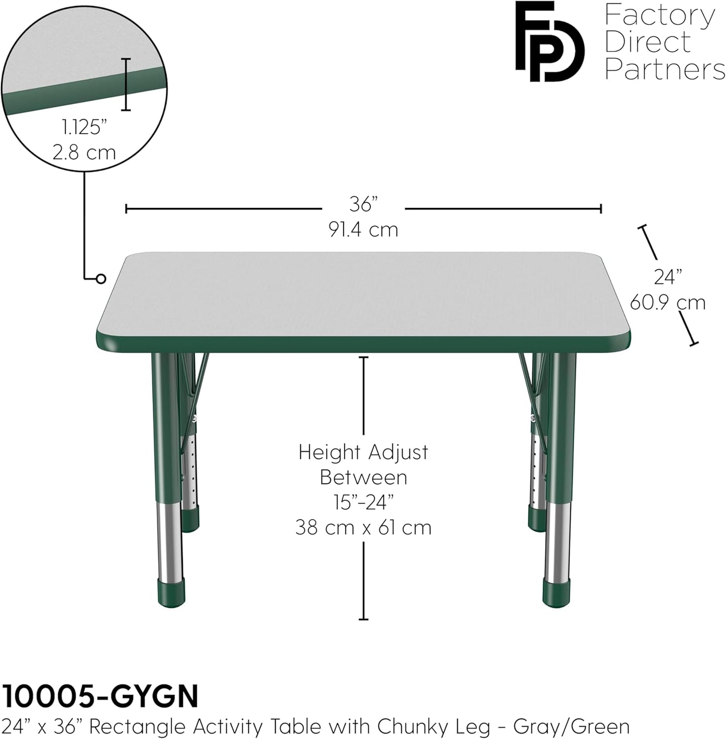 FDP Rectangle Activity School and Classroom Kids Table (24 x 36 inch), Chunky Toddler Leg, Adjustable Height 15-24 inches - Gray Top and Green Edge
