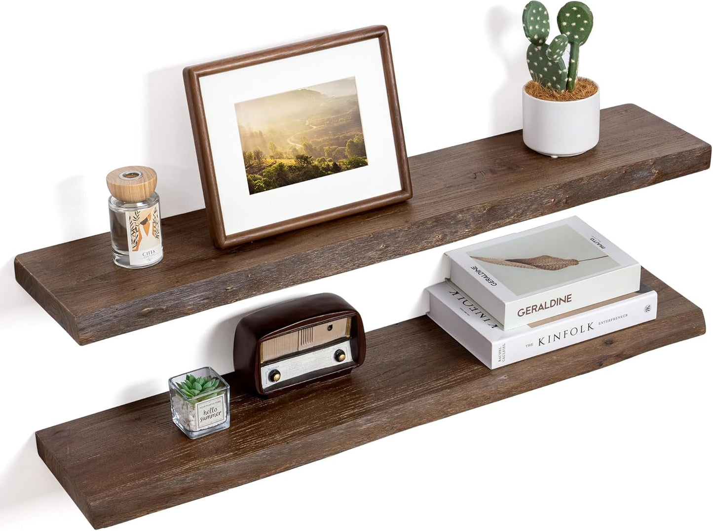 Floating Shelves for Wall Decor, Rustic Solid Elm Wood Floating Shelves Wall Mounted, Wall Shelves with Invisible Bracket for Living Room Bathroom Bedroom Kitchen, 36 Inch Set of 2, Walnut