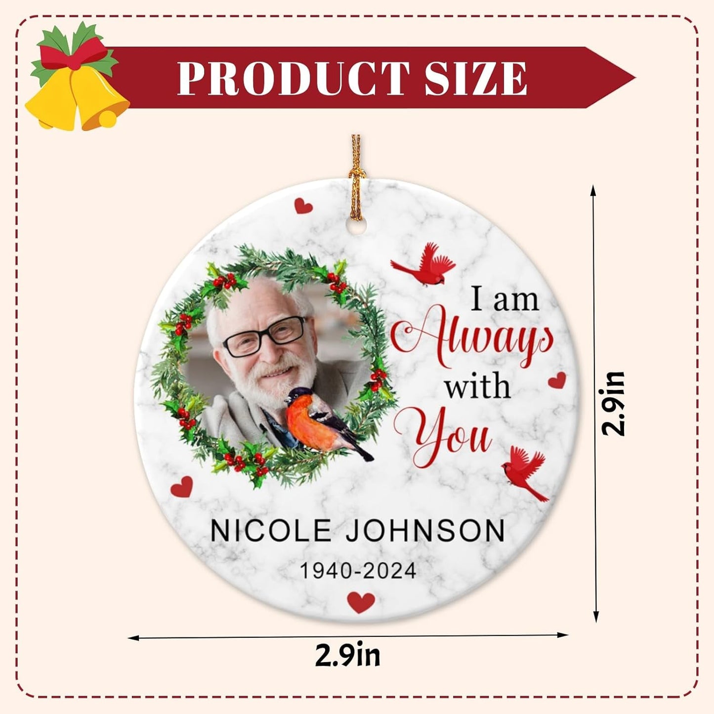 Personalized Memorial Christmas Ornaments 2025 w/Photo & Name, Custom Memorial Gifts for Lost Loved One,Double-Sided Ceramic Customized Xmas Ornaments for Christmas Tree