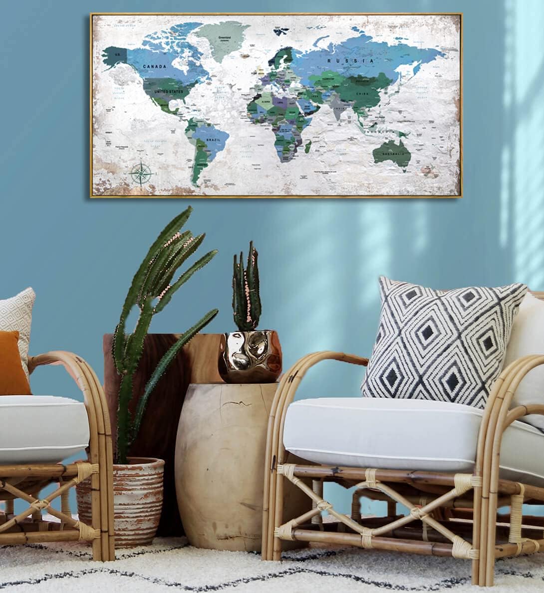 Framed Wall Art World Map Wall Art Canvas Picture 24inchx48inch Large Blue Map of The World Canvas Painting Artwork Prints for Office Wall Decor Home Living Room Decorations Framed Ready to Hang