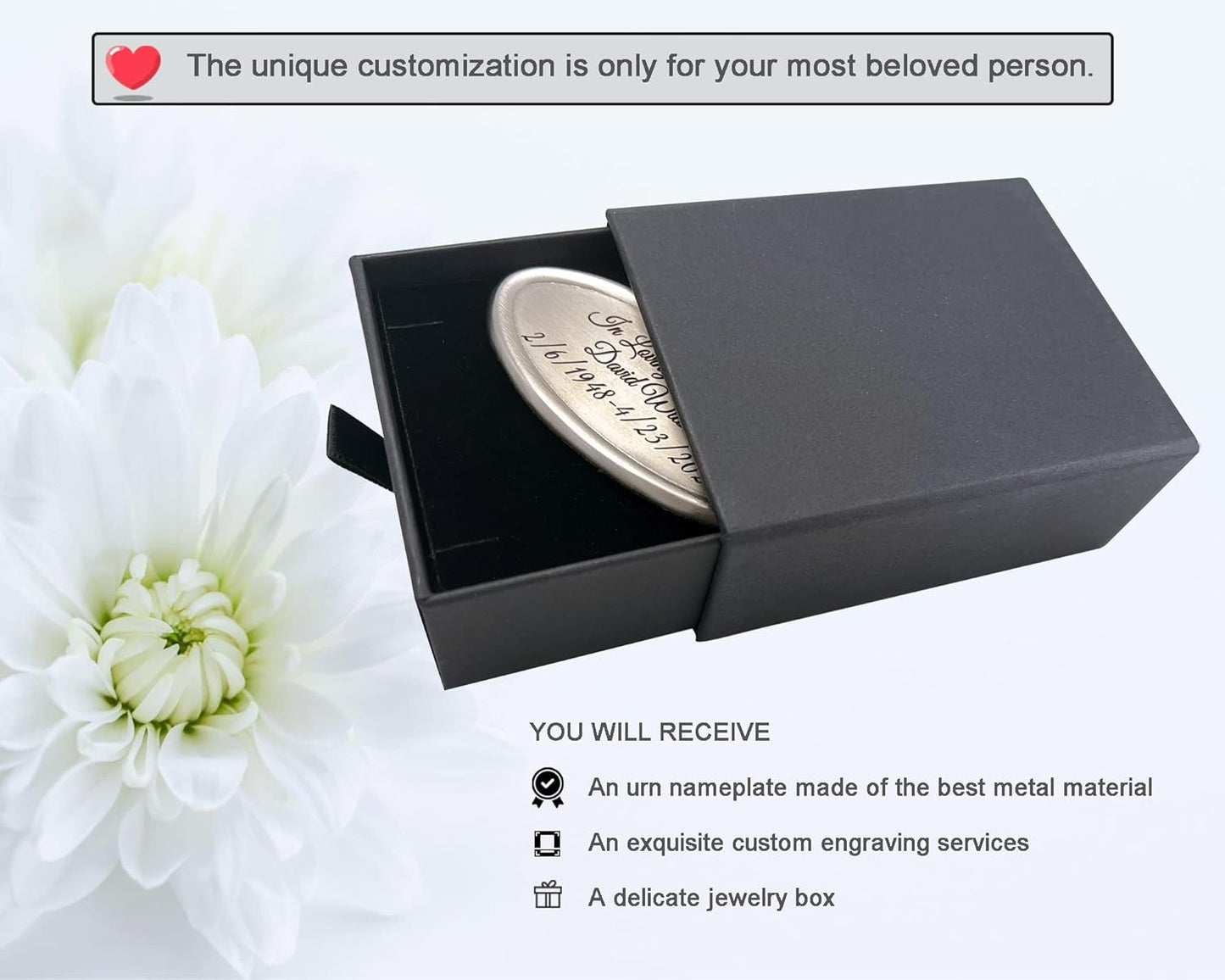 Personalized Engraved Name Tag for Urns - Customizable Plate for Cremation Urns - Engraved Hanging Plate in Silvery Tone with Satin Ribbon (Silvery Pendant)