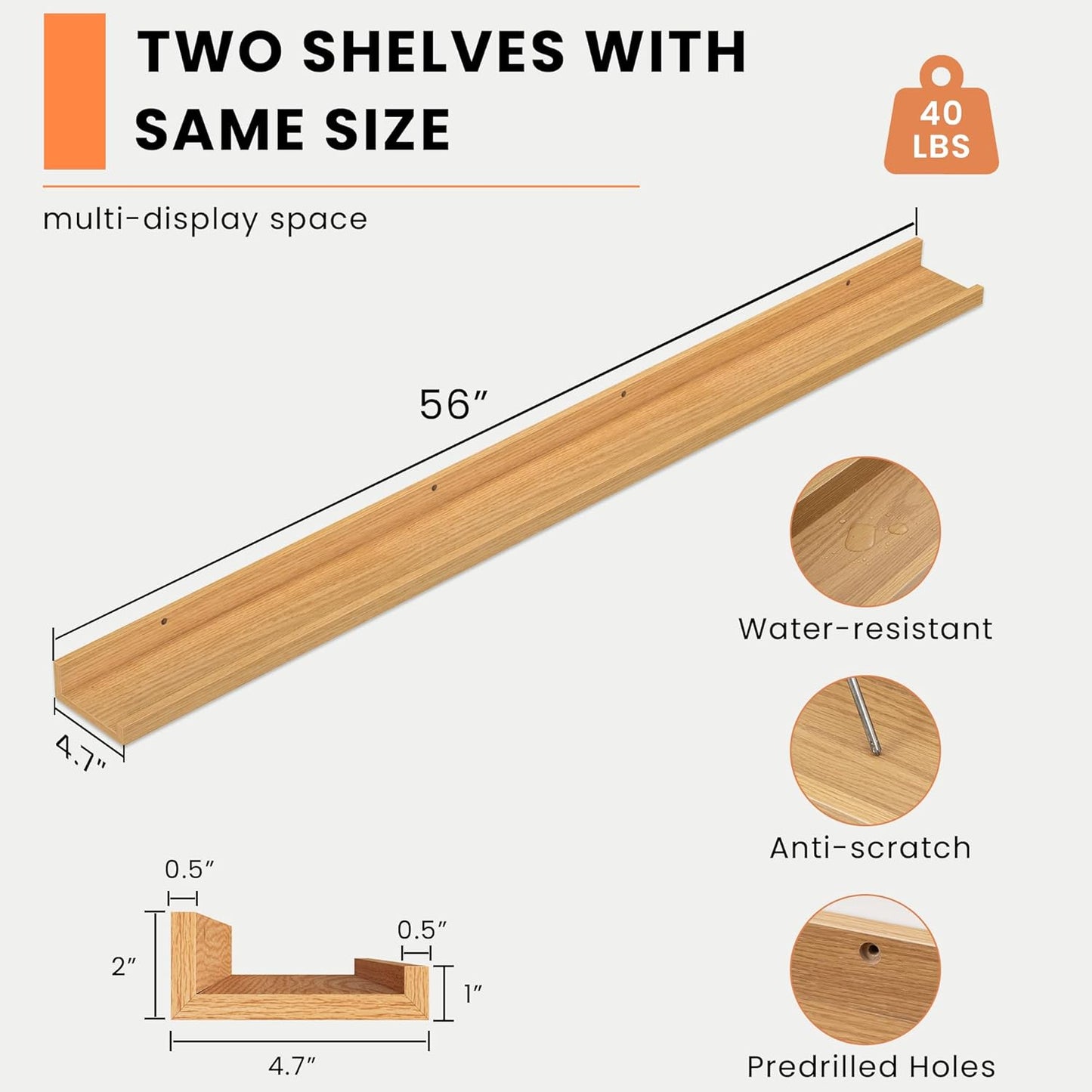 Heimlove Picture Ledge Shelf, Floating Shelves Set of 2, 56 Inches Picture Shelf for Wall with Ledge, Kids Bookshelf Wall Mounted for Living Room Bedroom Decor Books Photo Frames, Natural Oak