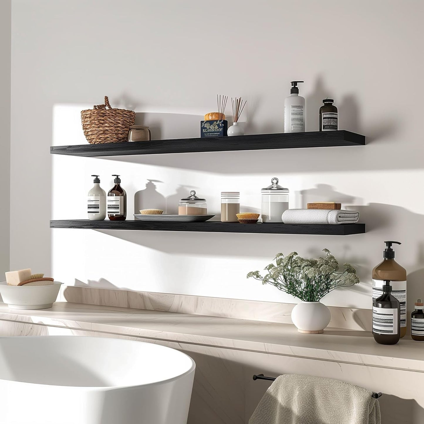 Wood Floating Shelves for Wall Decor, Rustic Wall Shelves for Bedroom Bathroom Kitchen Living Room, Set of 4 Black 48 Inch