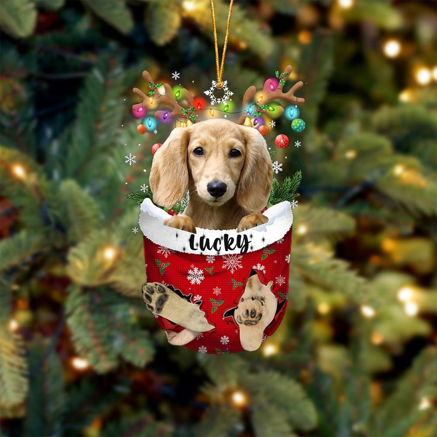 Cream LNG Haired Dachshund Dog Christmas Ornament, Cream LNG Haired Dachshund in Snow Pocket Christmas Tree Ornament, Dog Lovers Gift Idea Xmas Decor, Christmas Decorations for Tree