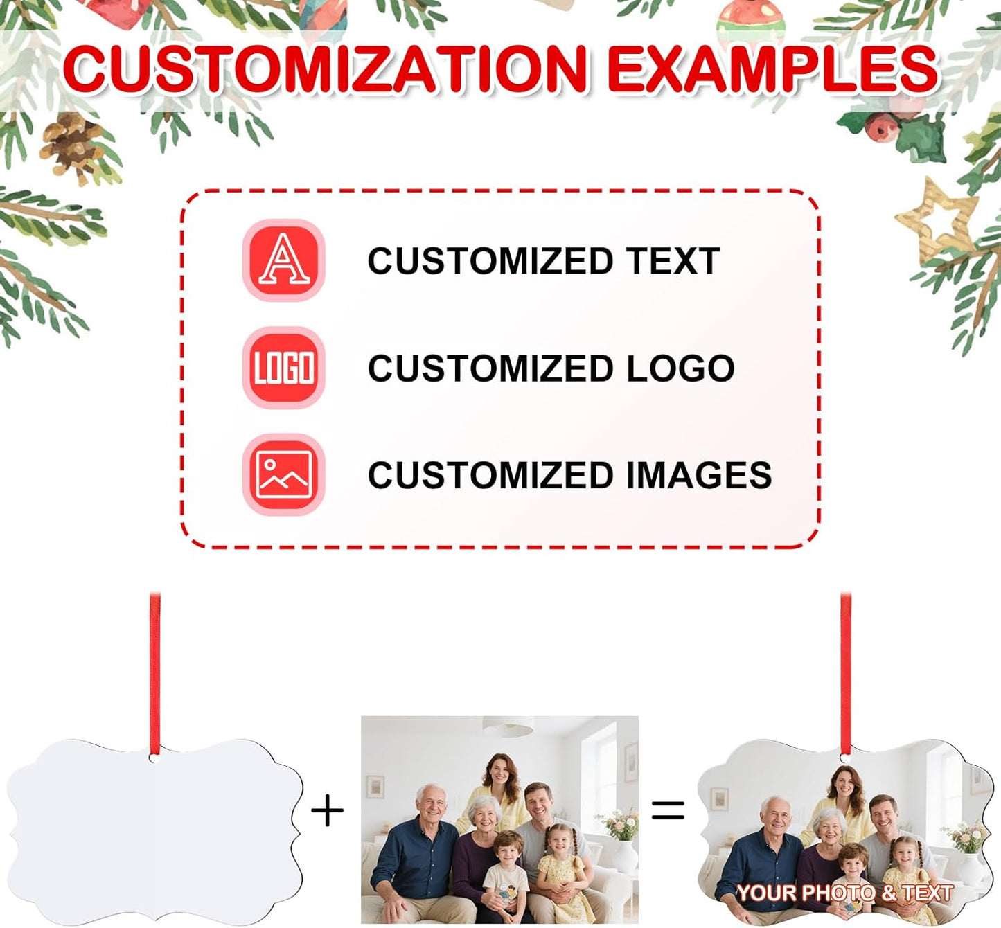 Personalized Photo Christmas Ornaments Double-Sided Metal Custom Picture Christmas Ornament 2024, Customized Xmas Tree Decorations Memorial Gifts for Kids Couples Family Friends Pet