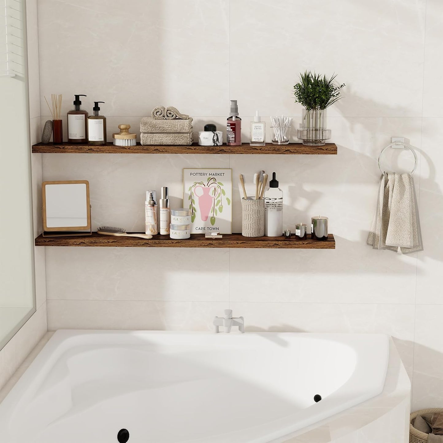 Floating Shelves for Wall, 48 Inch Floating Shelves for Home Decor, Wall Mounted Rustic Wood Shelves, Bathroom, Hanging Deep Shelf for Bedroom, Living Room, Kitchen (Rustic Brown, Set of 2)