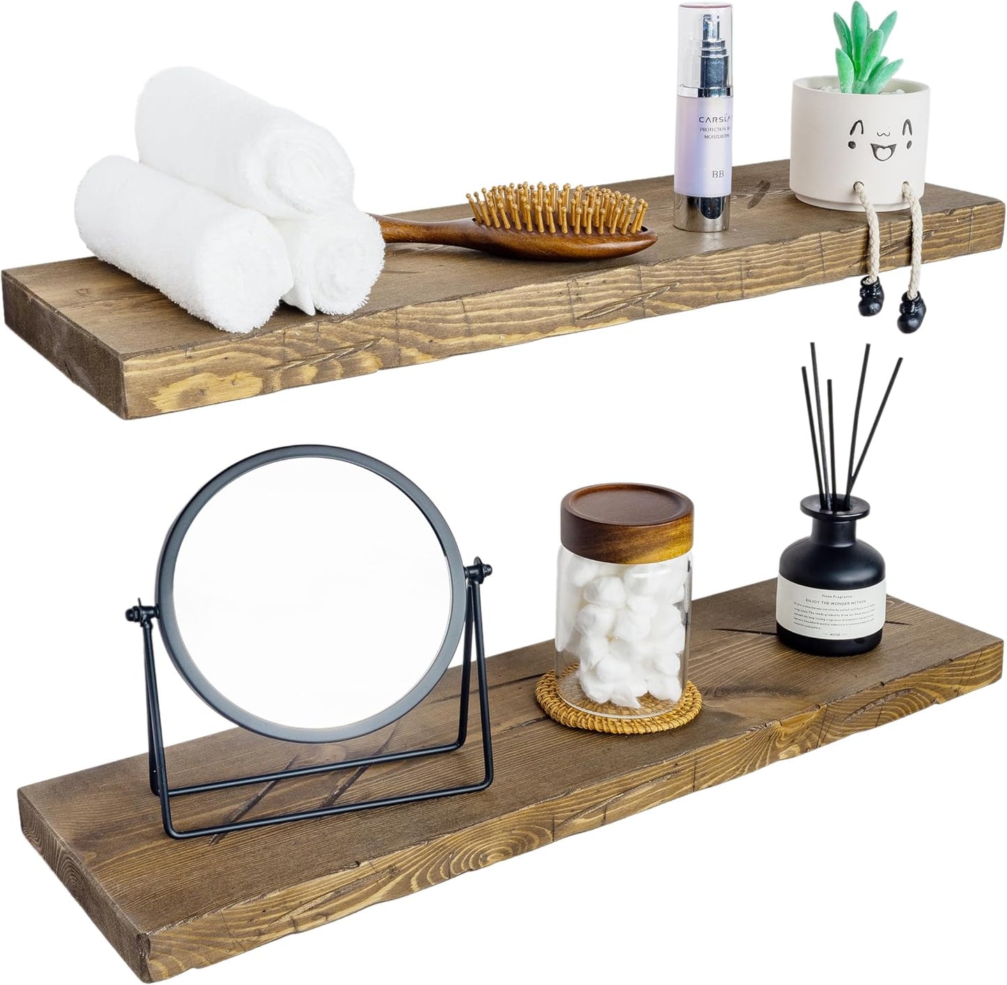 BGMG Wood Floating Shelves for Wall 30 inch, Distressed, Rustic Wooden Wall Mount Shelves for Bathroom Living Room Bedroom Kitchen Farmhouse Set of 2-30x6.7x1.25 inch-Distressed Walnut