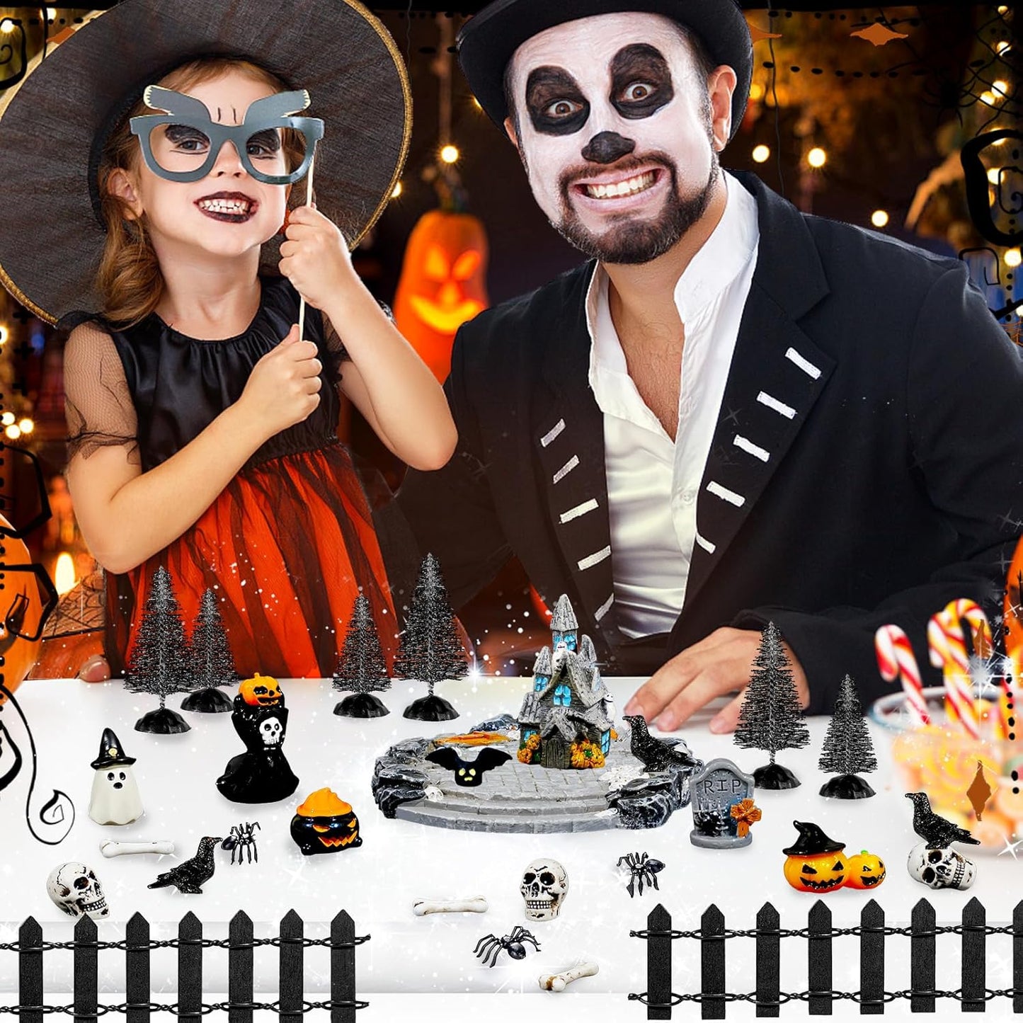 Hiawbon 30PCS Halloween Mini Village Set, Village Ornaments Miniature Decorations, Resin Miniature Spider Coffin Spiders Pine Trees Fence for Halloween Decor