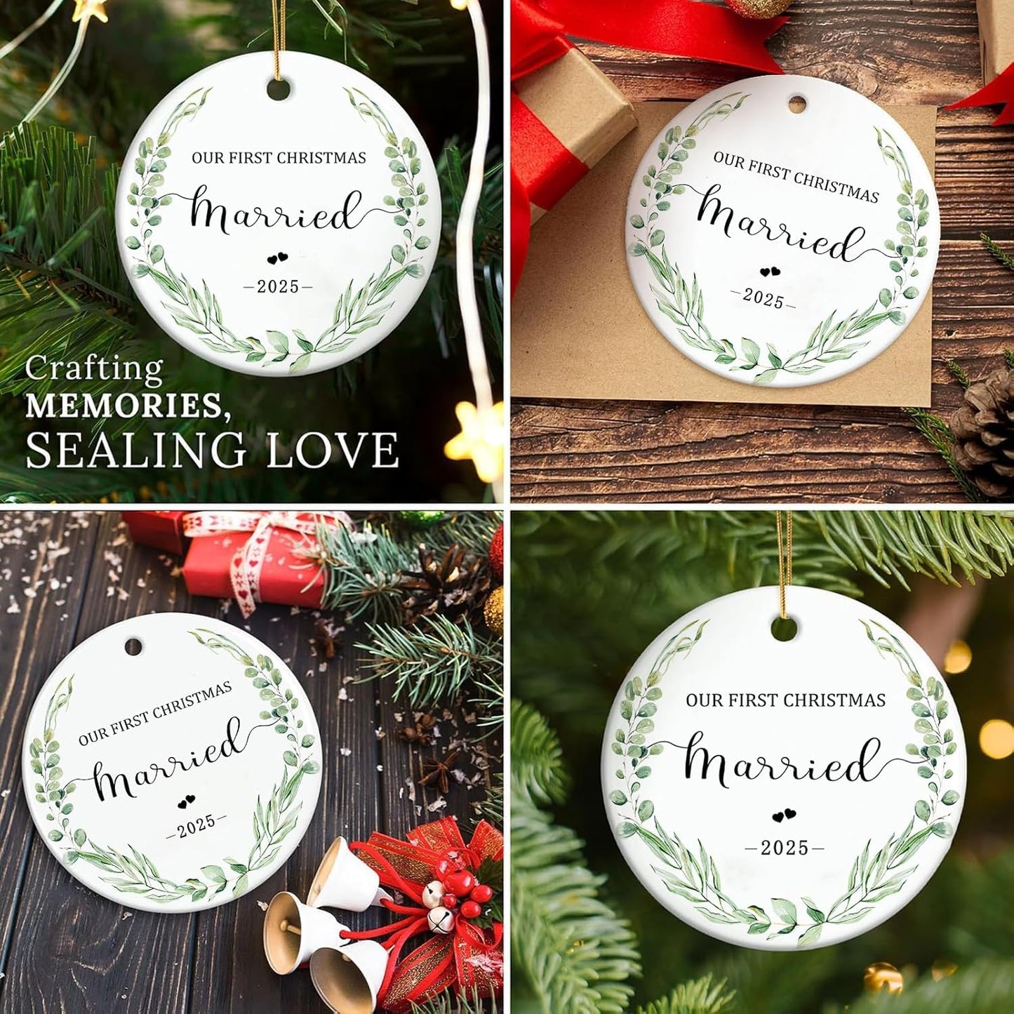 Christmas Ornaments 2025 Our First Christmas Married 2025 Ornament 1st Xmas Married Presents Newlywed Ornament Xmas Hanging Decor for Bridal Shower Wedding Gift 3 Inch Ceramic