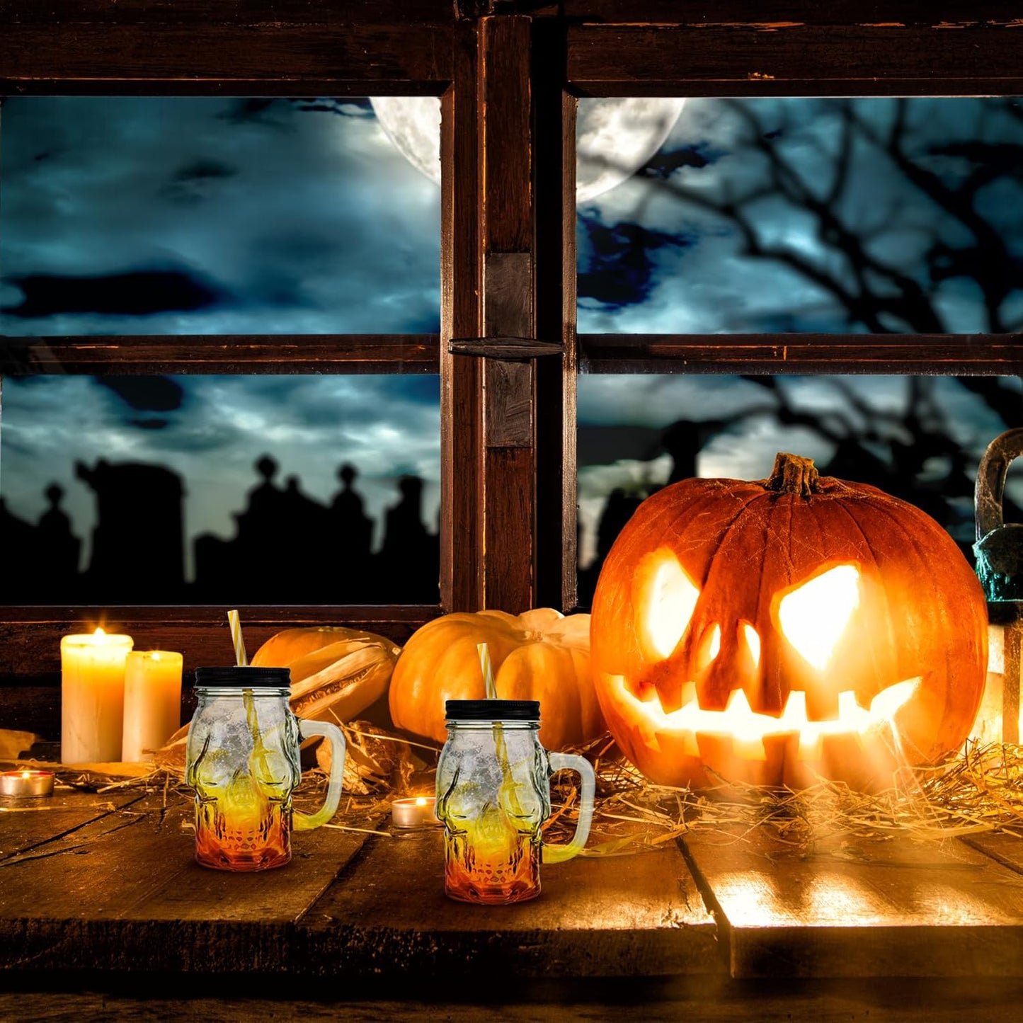 Halloween Cups Set of 4 - Yellow Skull Glass Drinking Jar with Lids and Straws - Halloween Decor, Drinking Glasses 16 oz