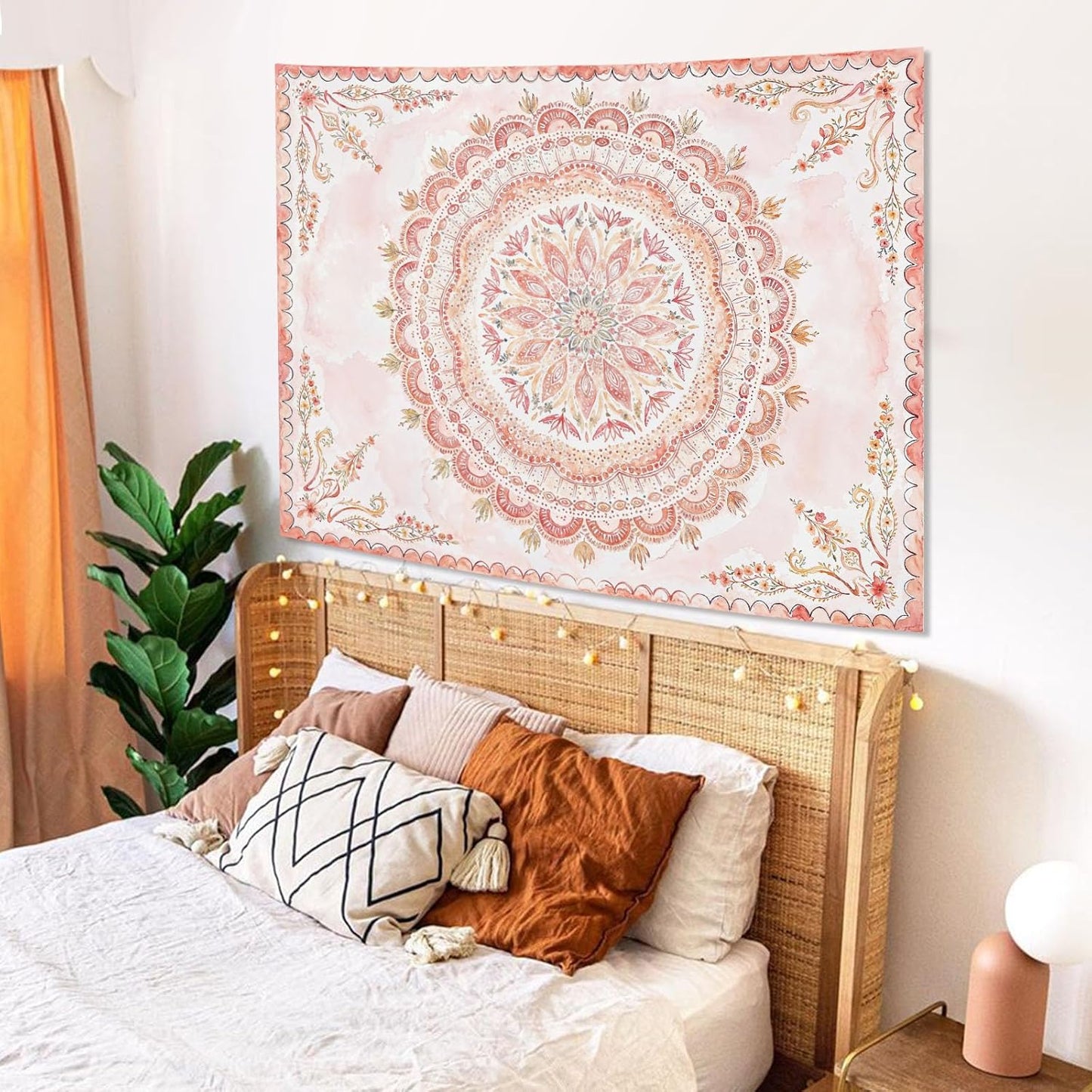 Fowocu Boho Floral Mandala Tapestry Wall Hanging Pink Bohemian Flower Medallion Tapestry Aesthetic Watercolor Hippie Indian Small Tapestries for Bedroom Living Room Dorm Decor 40 x 30 Inch