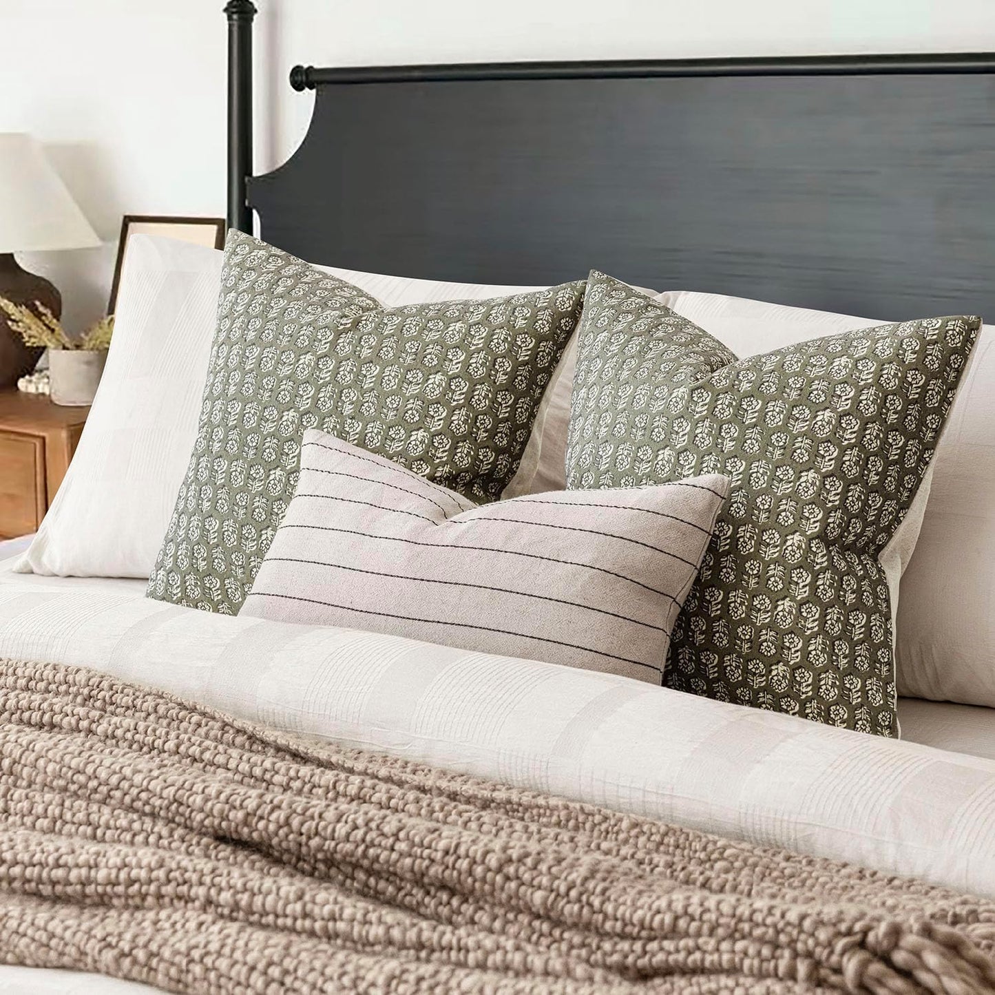 Foindtower Set of 2 Decorative Vintage Floral Print Throw Pillow Covers Neutral Modern Farmhouse Cushion Covers Boho Home Decor for Sofa Chair Couch Bedroom Living Room Outdoor,18×18 Inch,Sage Green