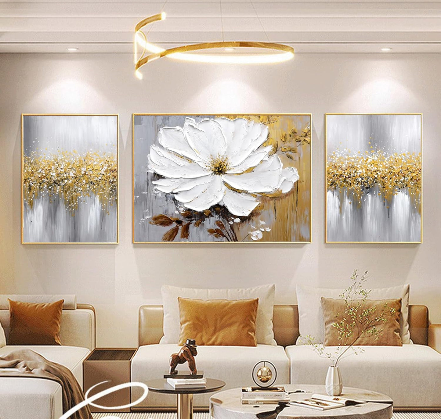 Hand-Painted Flower Oil Painting for Living Room,Framed 3D Gold and White Abstract Wall Art for Bedroom, Large 3 Pieces Floral Wall Painting for Office Home Decor 24x64 inches